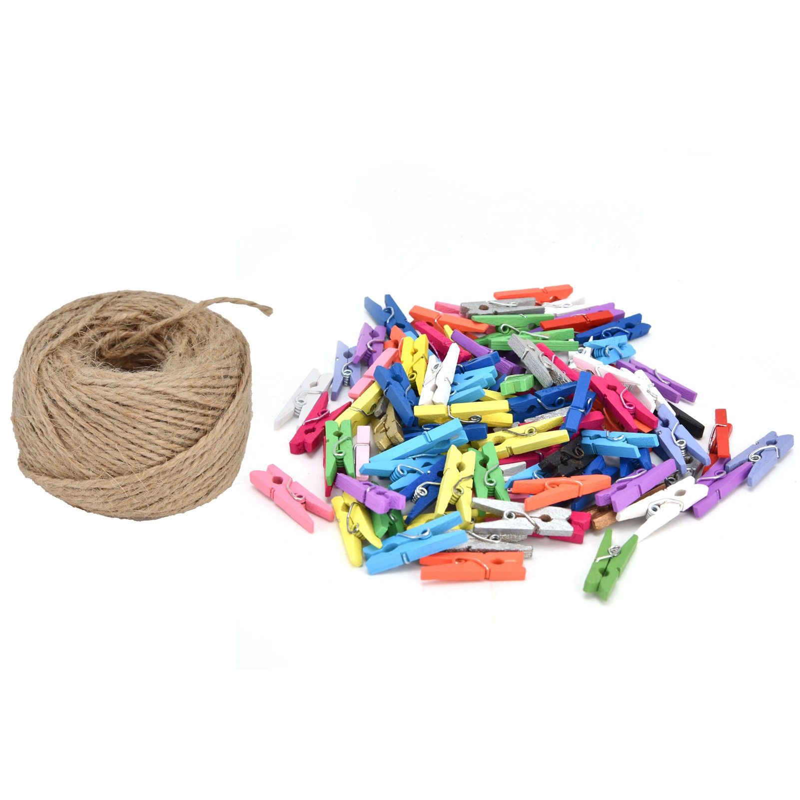 100PCS Wooden Clip Mini Color Wood Clip Birch Card Photo Clip with 10m Rope view 2