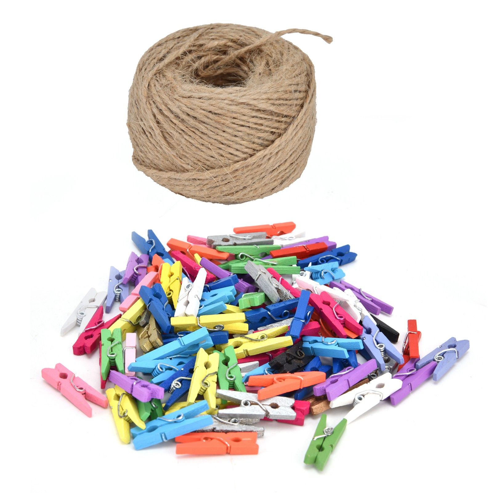 100PCS Wooden Clip Mini Color Wood Clip Birch Card Photo Clip with 10m Rope view 3