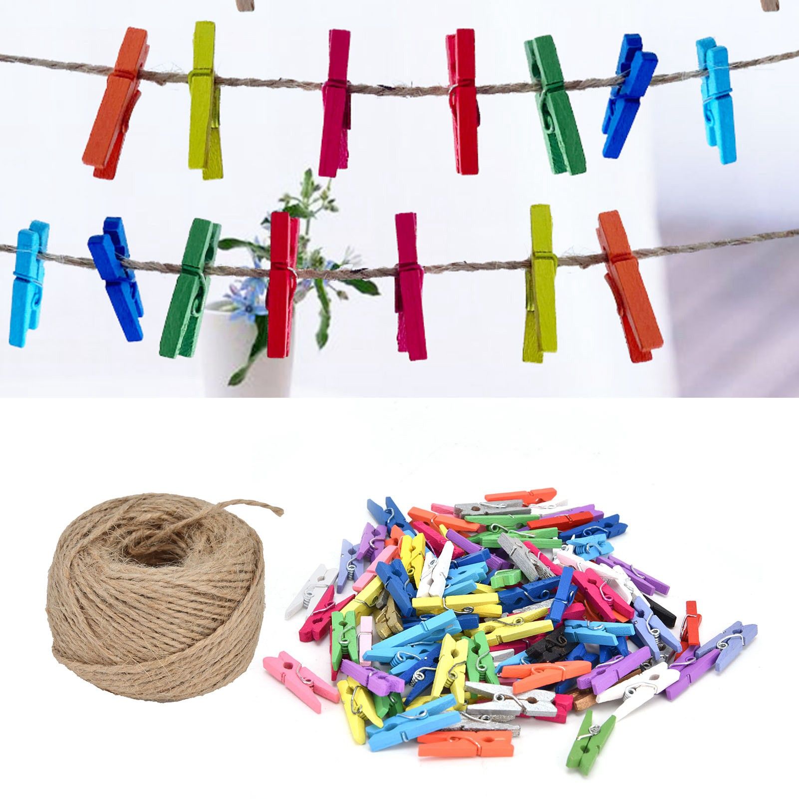 100PCS Wooden Clip Mini Color Wood Clip Birch Card Photo Clip with 10m Rope view 11