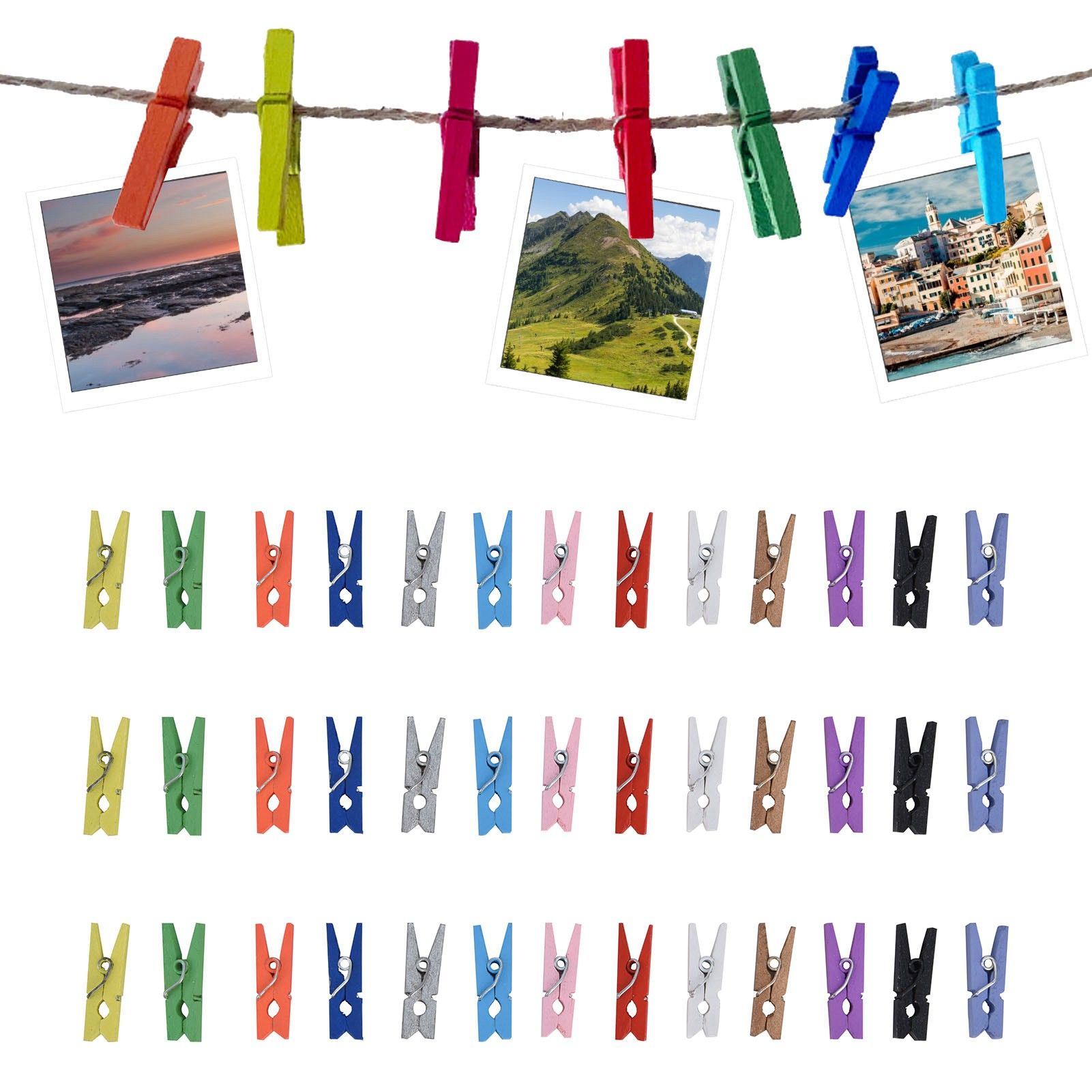 100PCS Wooden Clip Mini Color Wood Clip Birch Card Photo Clip with 10m Rope view 12