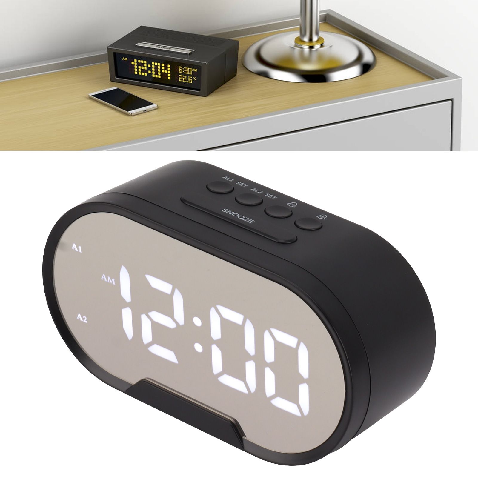 Digital Alarm Clock USB LED Display White Light Mirror Electronic Desktop view 11