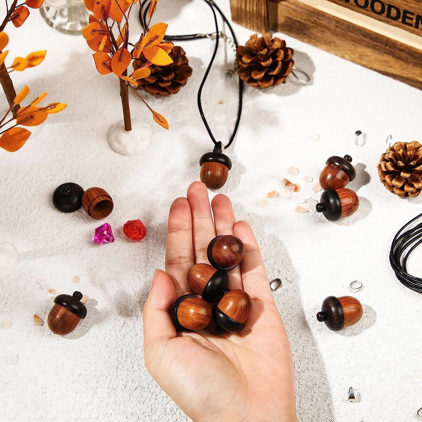10PCS Wooden Nut Acorn Pendant Necklace Acorn Box Clasp Nylon Cord Kits DIY view 11
