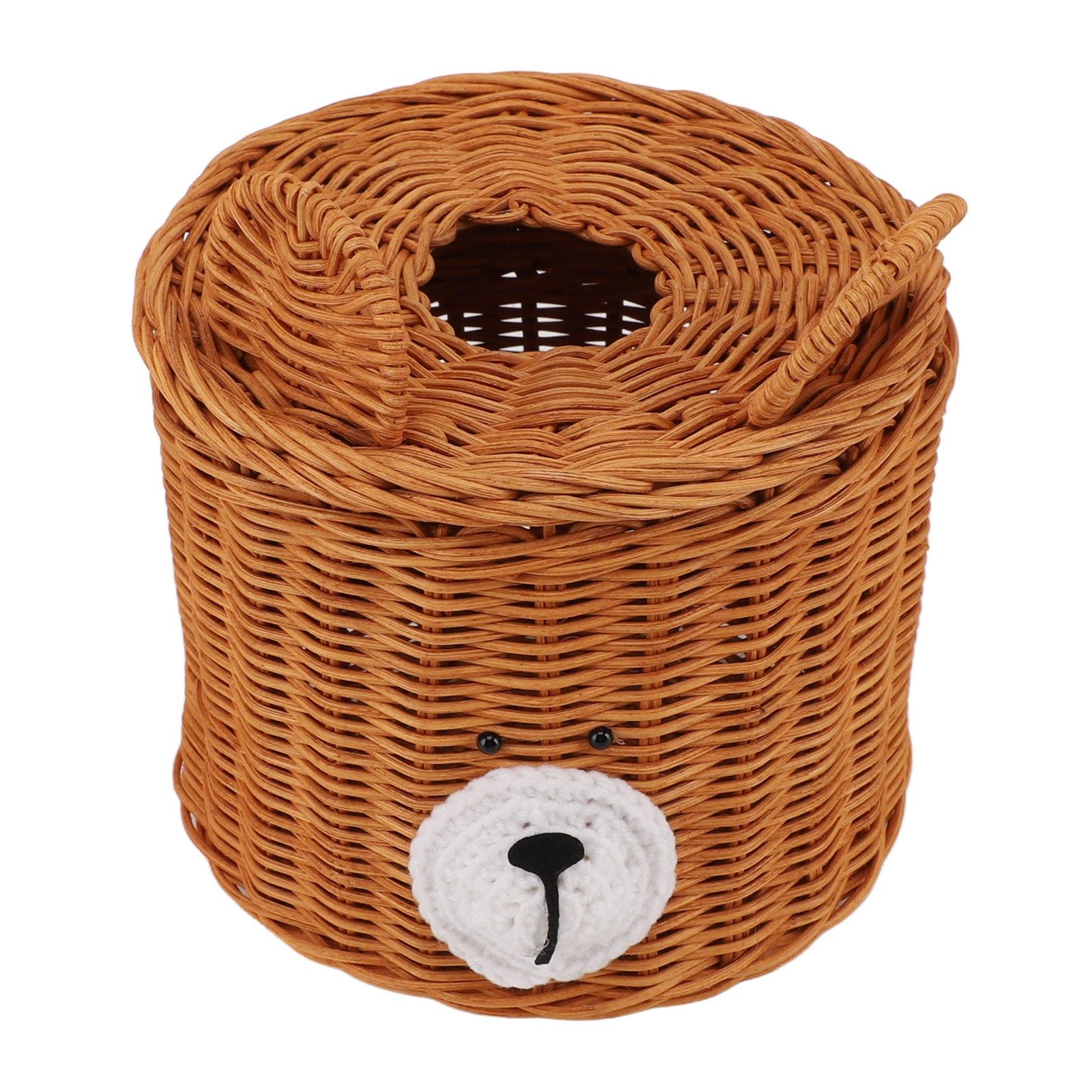 Tissue Box Cover Rattan Cute Bear Brown with Lid Easy Access Round Easy