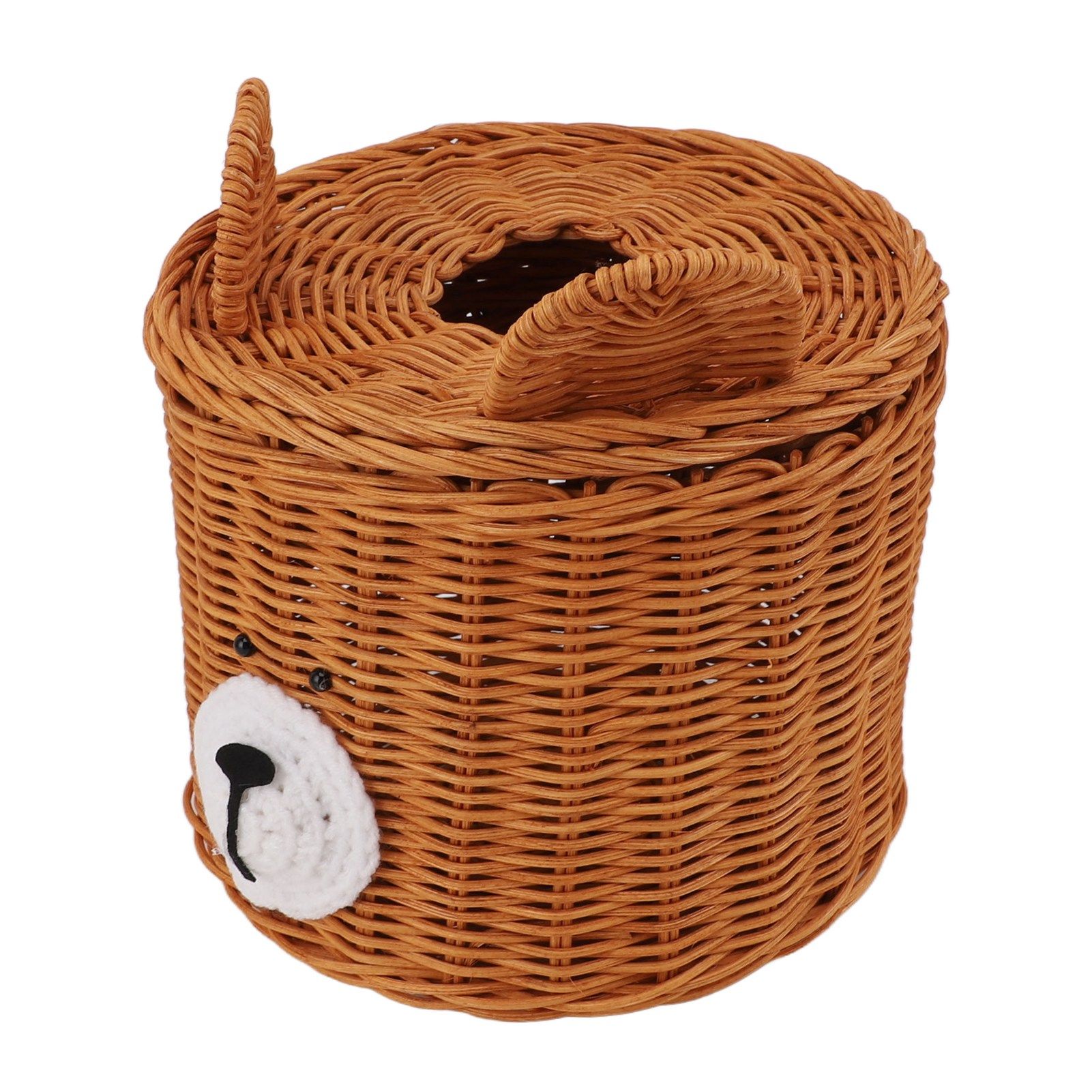 Tissue Box Cover Rattan Cute Bear Brown with Lid Easy Access Round Easy view 2