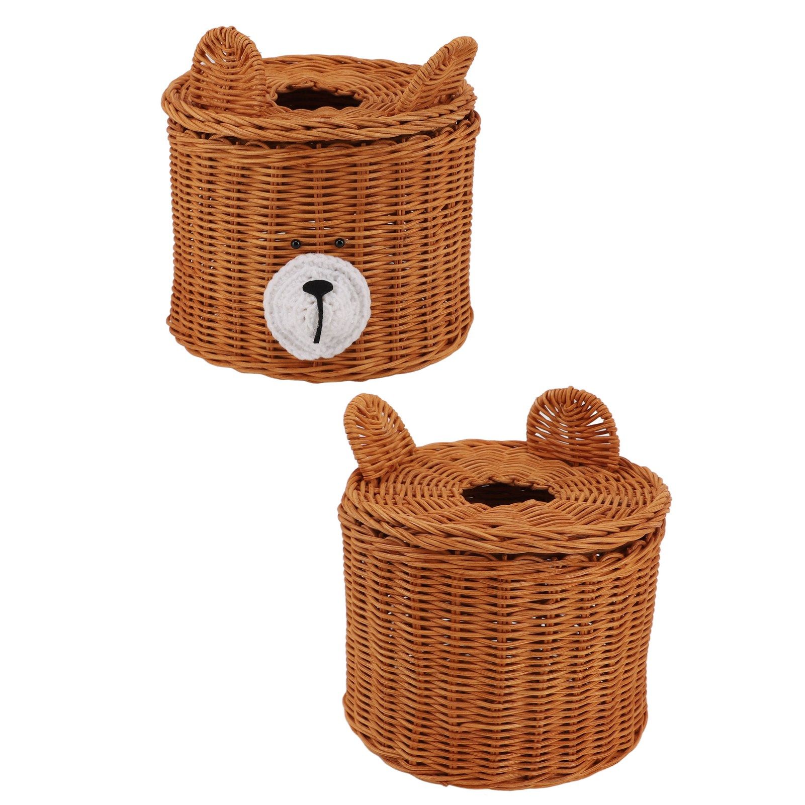Tissue Box Cover Rattan Cute Bear Brown with Lid Easy Access Round Easy view 10