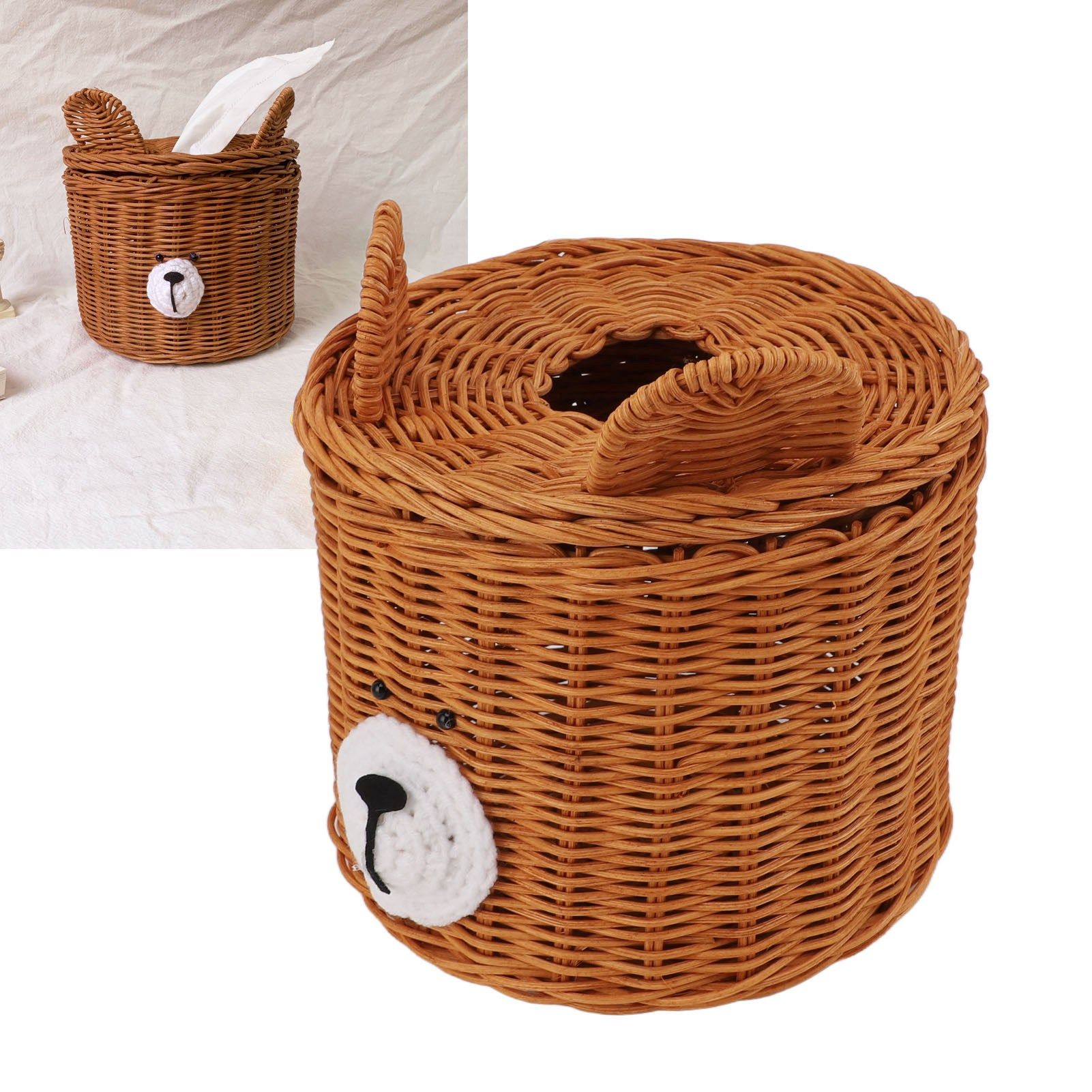 Tissue Box Cover Rattan Cute Bear Brown with Lid Easy Access Round Easy view 11