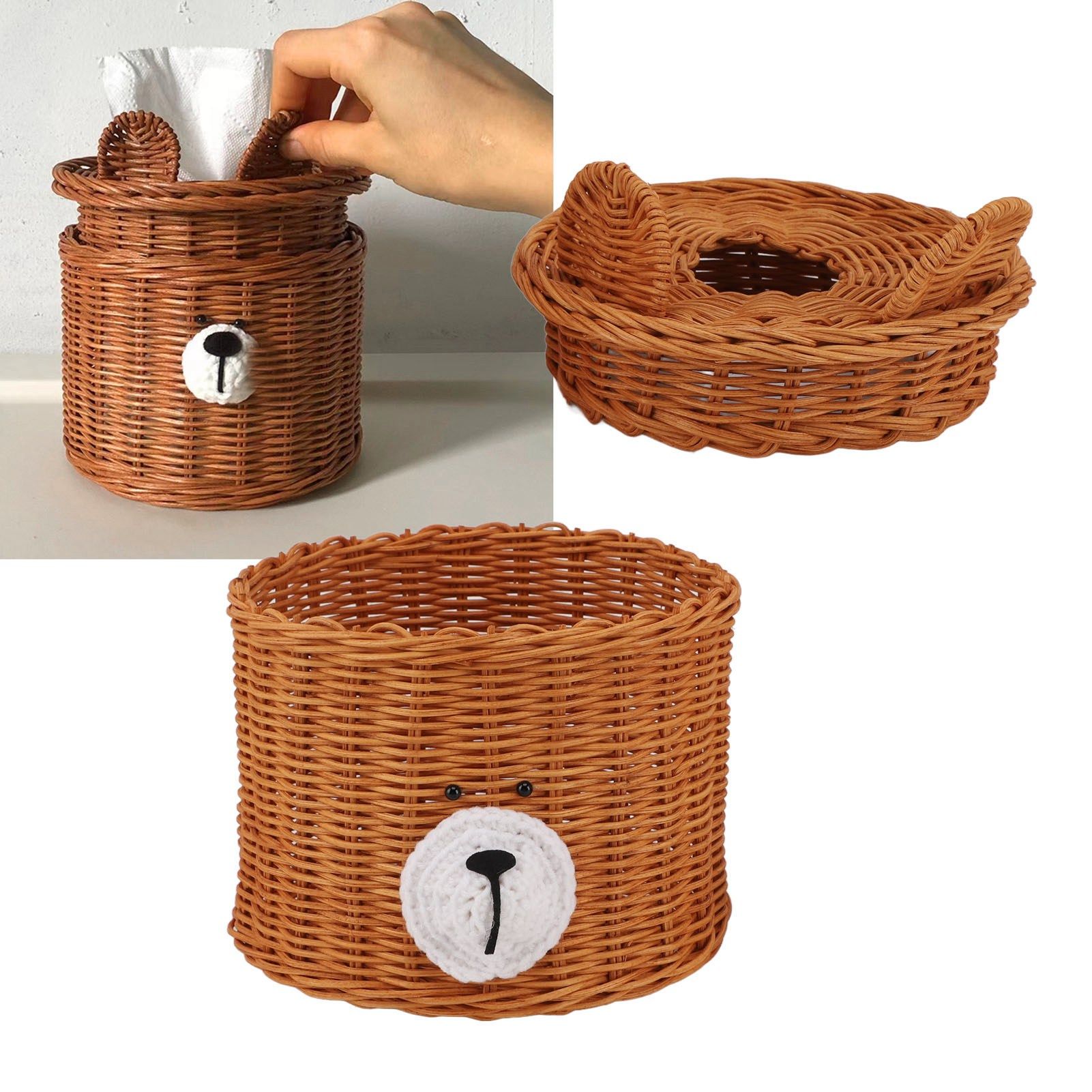 Tissue Box Cover Rattan Cute Bear Brown with Lid Easy Access Round Easy view 12