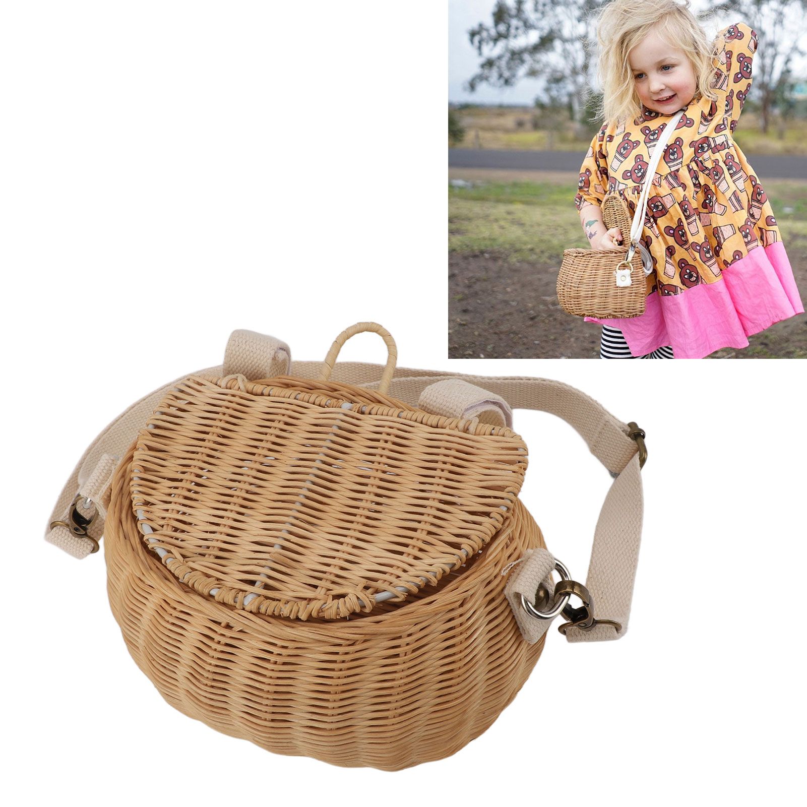 Kids Bike Basket Simple Lid Design Adjustable Strap Light Sturdy Kids Rattan view 11