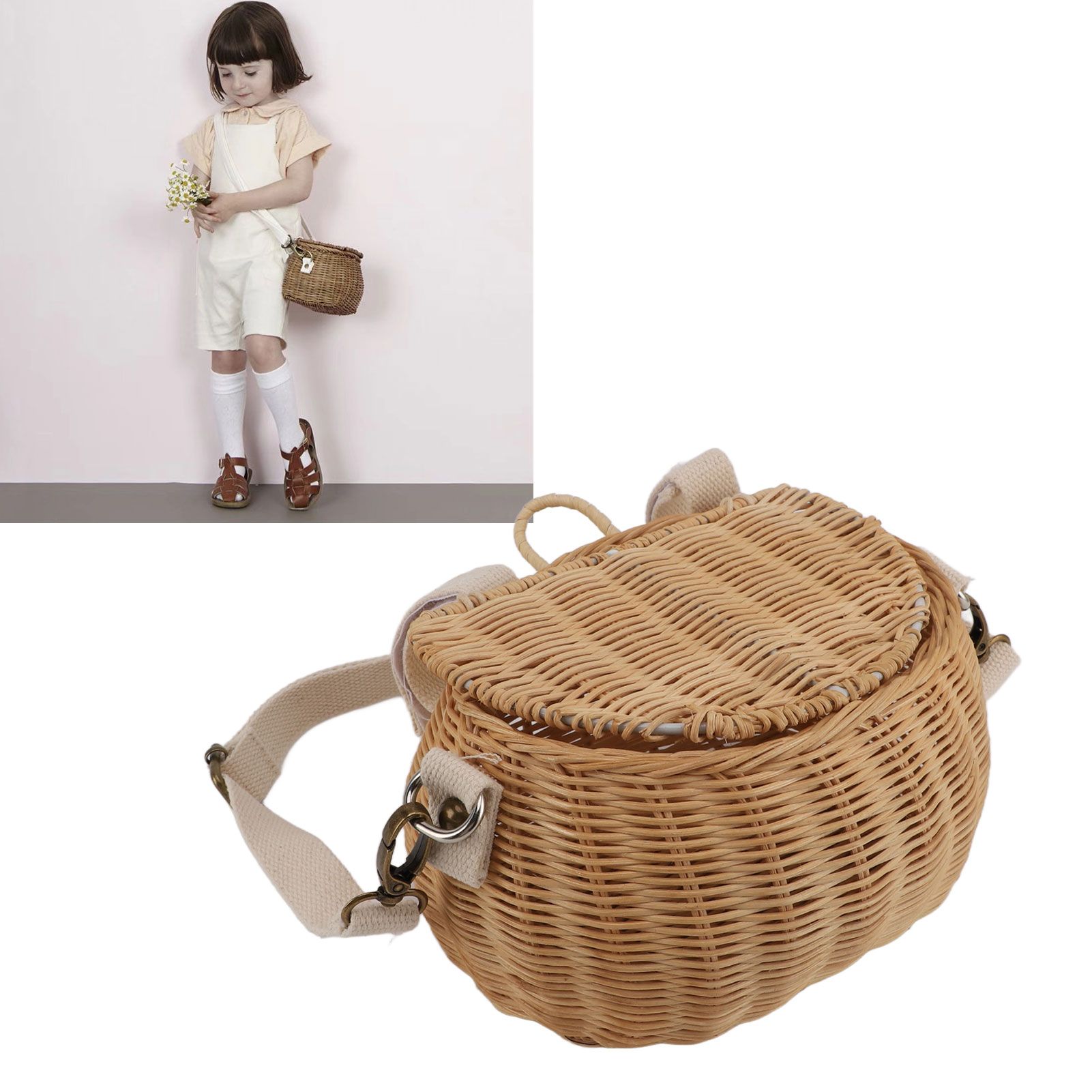 Kids Bike Basket Simple Lid Design Adjustable Strap Light Sturdy Kids Rattan view 12