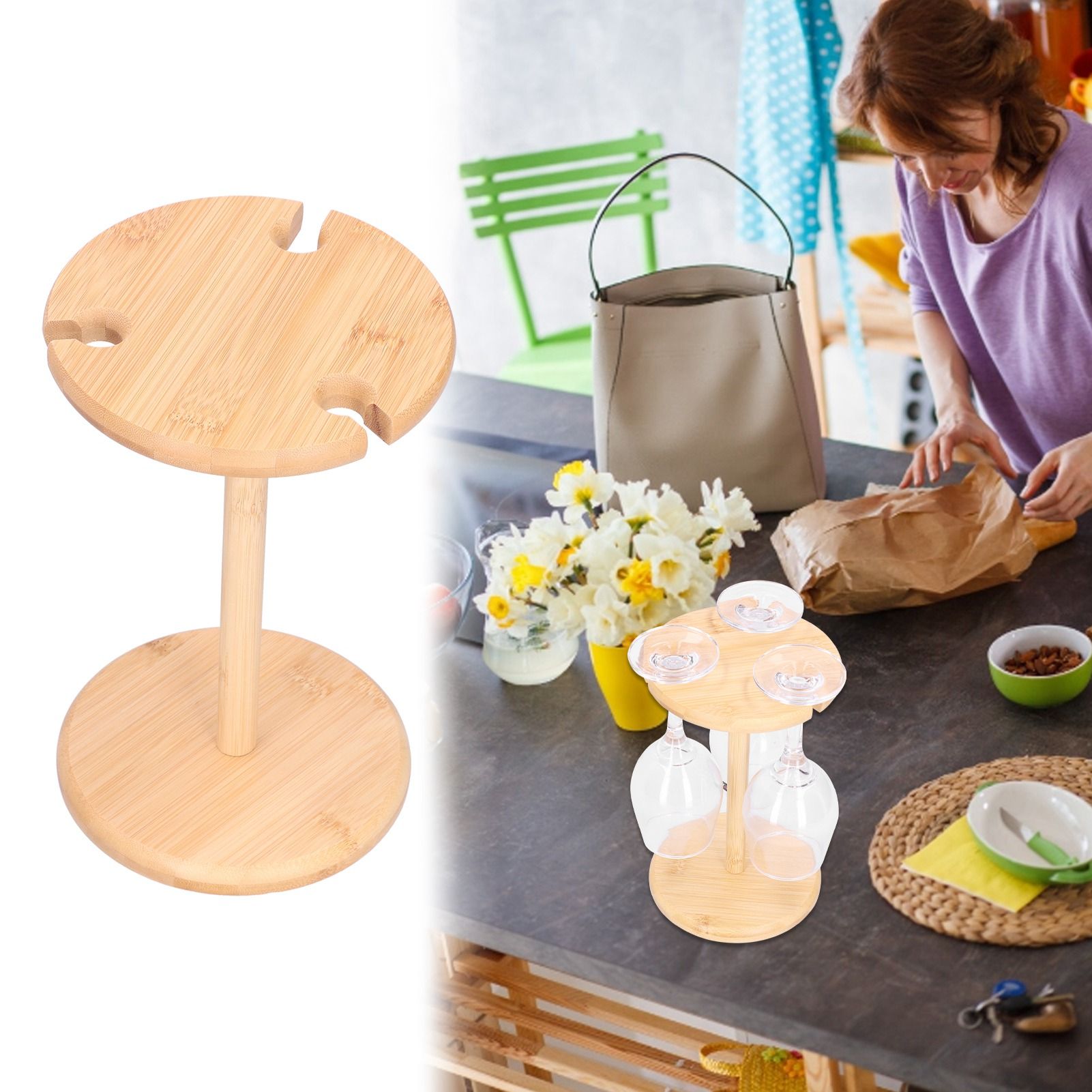 Wine Glass Cup Holder Bamboo Wood Goblet Wine Glass Hanging Drain Rack Living view 12