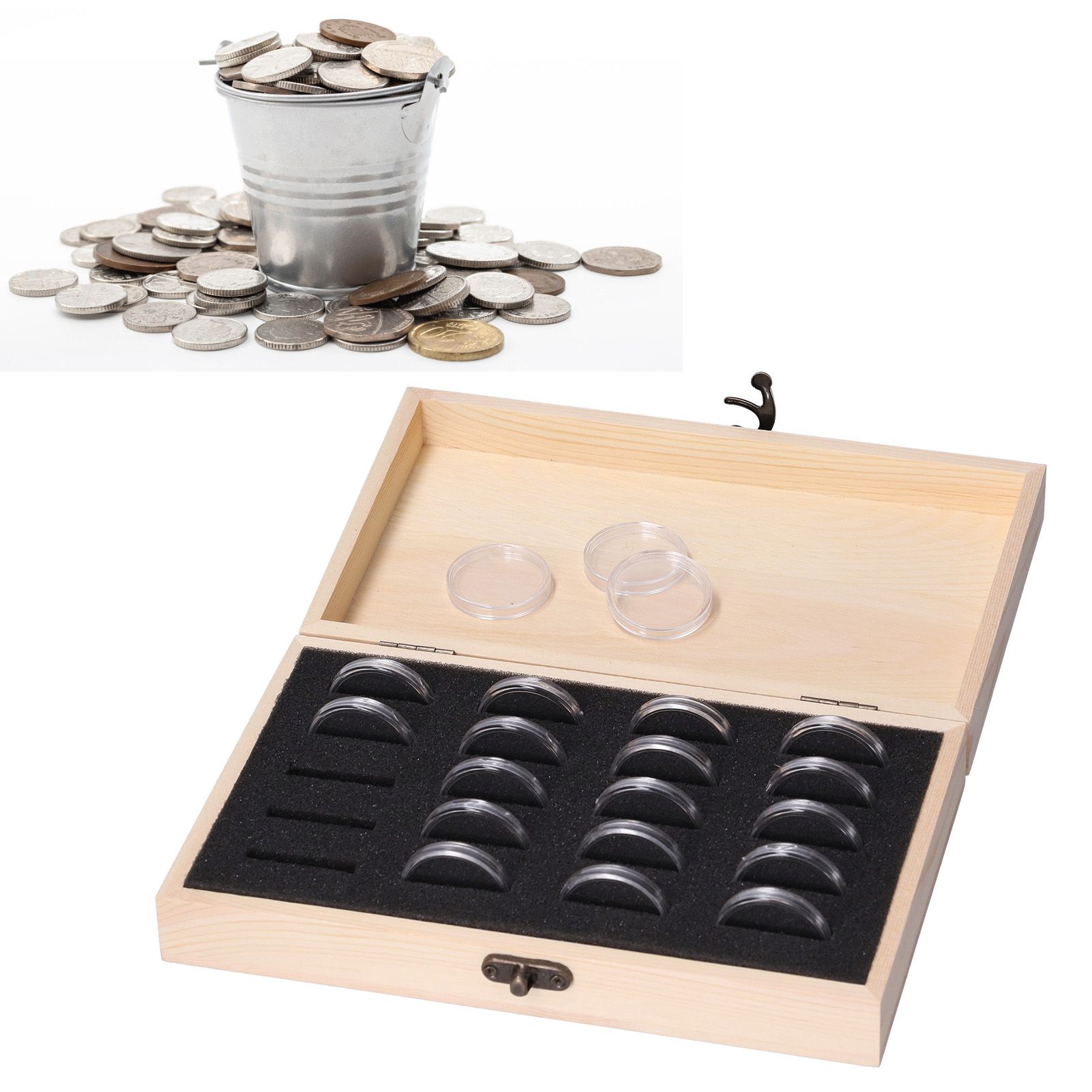 20 Grid Coin Collection Box Wooden Coin Protection Storage Box for Home Office view 11