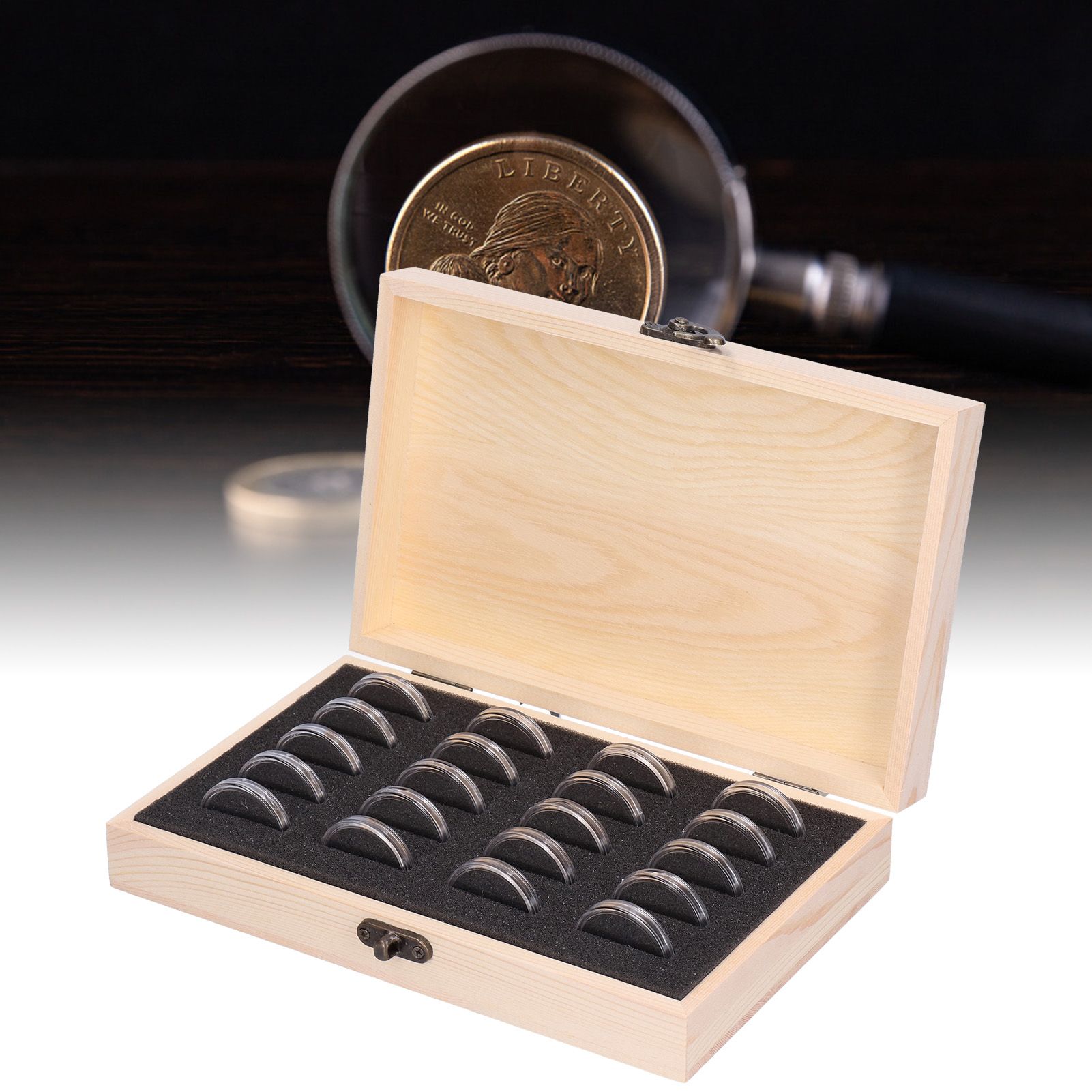 20 Grid Coin Collection Box Wooden Coin Protection Storage Box for Home Office view 12