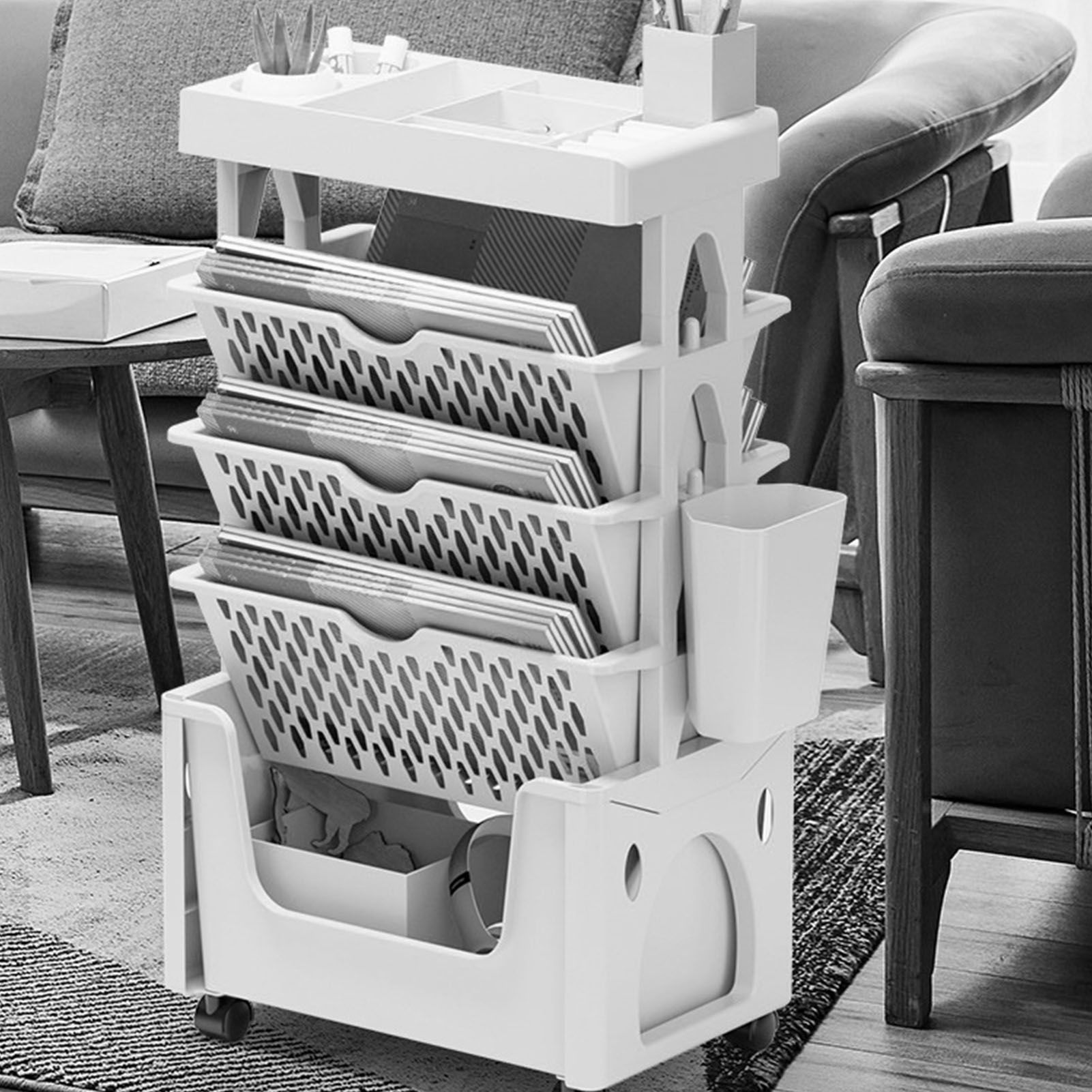 Rolling Mobile Bookshelf with Wheels 5 Tiers Large Capacity Strong Load view 13