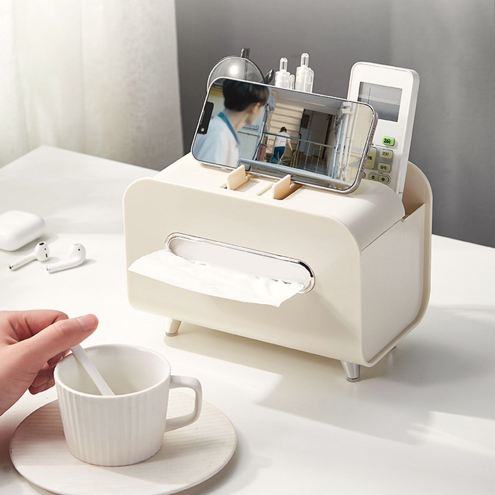 Desktop Tissue Box Multifunction Tissue Storage Dispenser with Phone Holder view 5