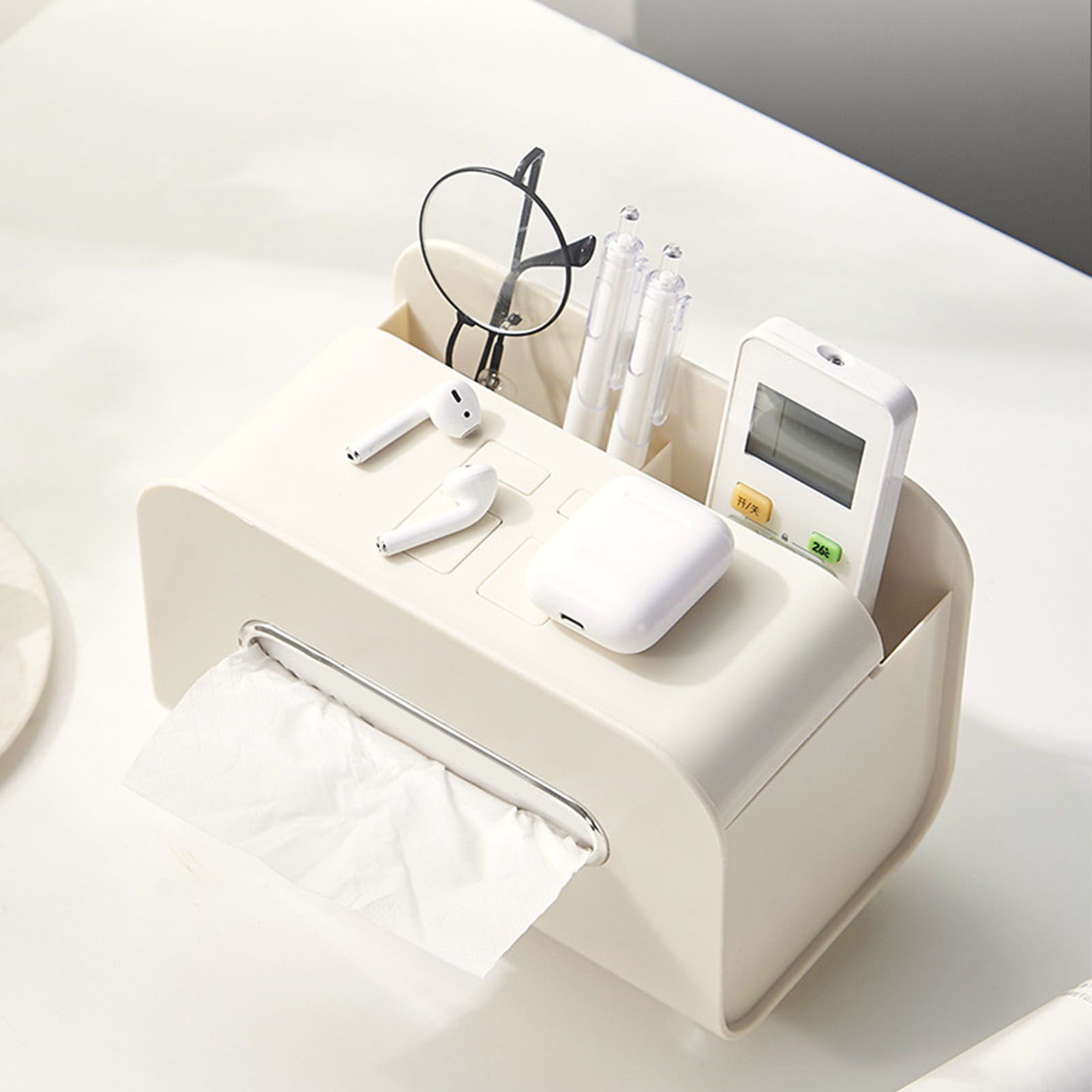 Desktop Tissue Box Multifunction Tissue Storage Dispenser with Phone Holder view 6