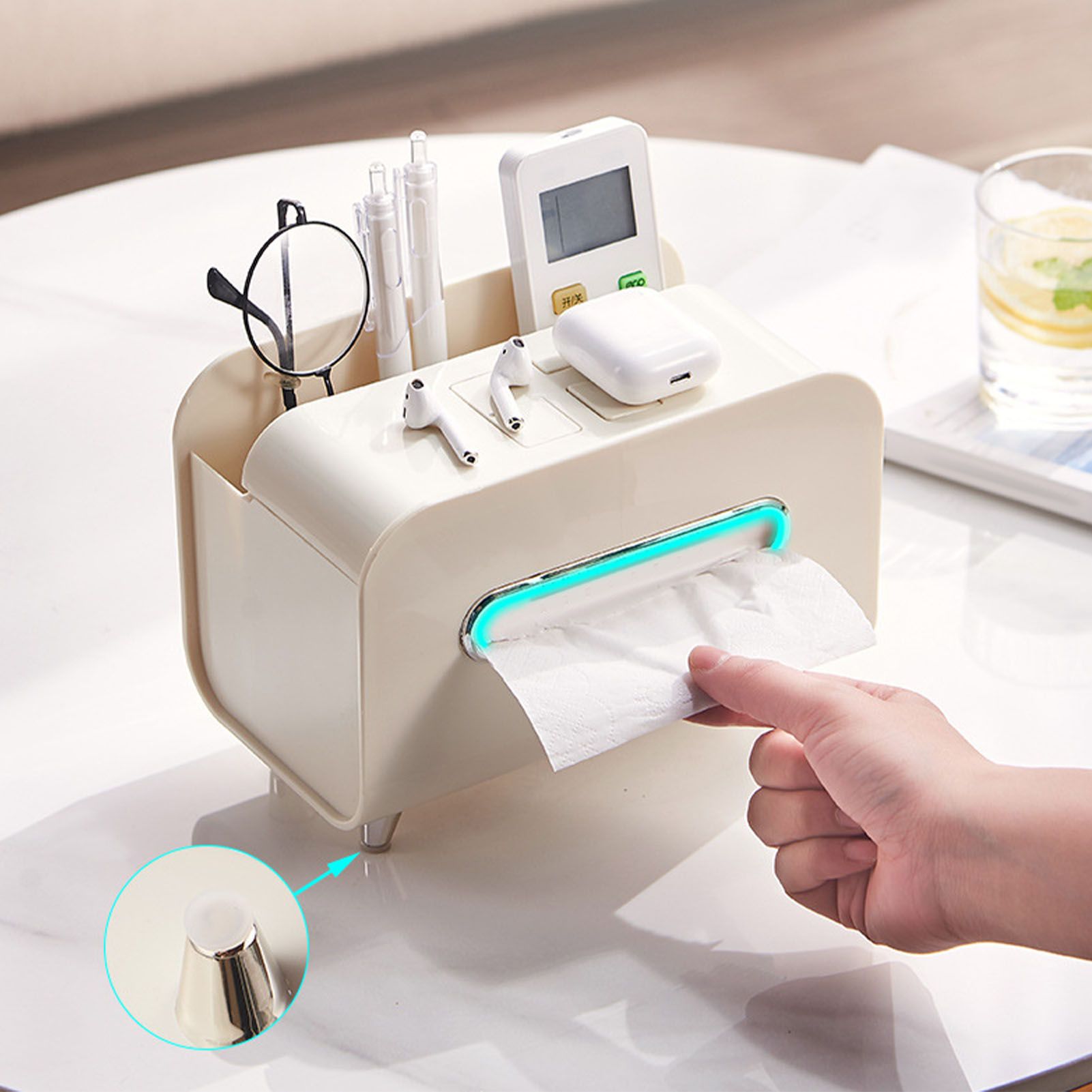 Desktop Tissue Box Multifunction Tissue Storage Dispenser with Phone Holder view 7