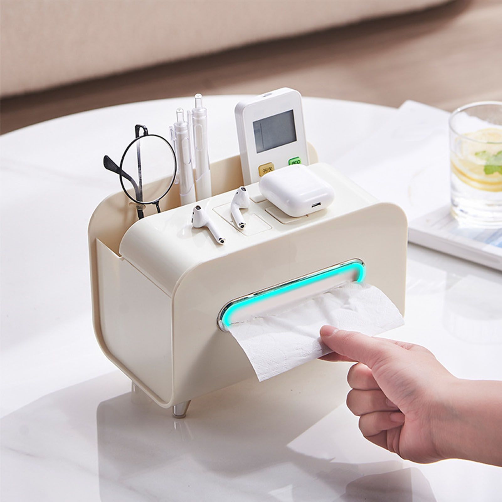 Desktop Tissue Box Multifunction Tissue Storage Dispenser with Phone Holder view 9