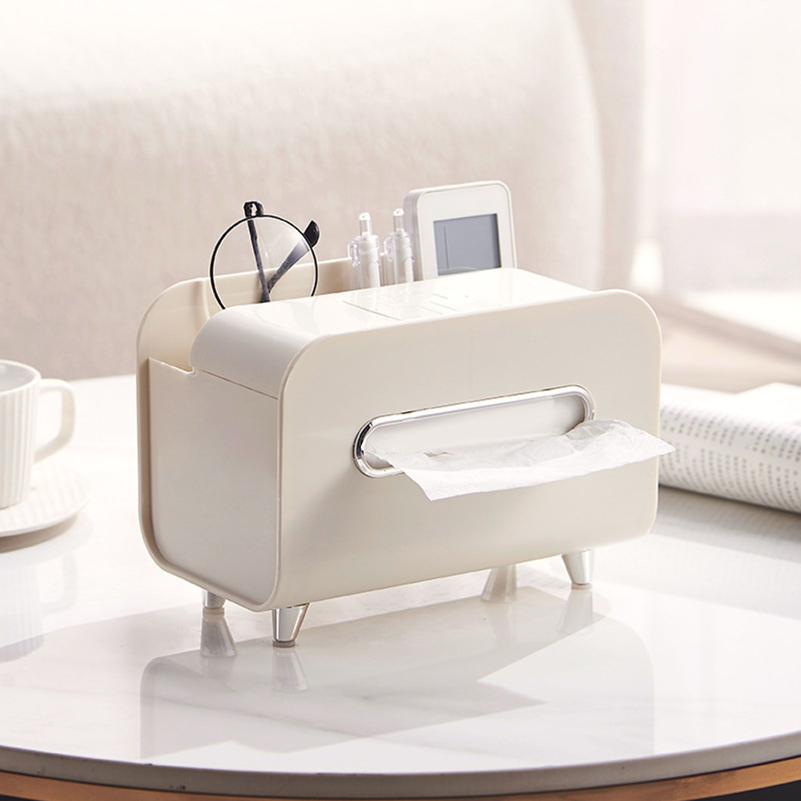 Desktop Tissue Box Multifunction Tissue Storage Dispenser with Phone Holder view 10
