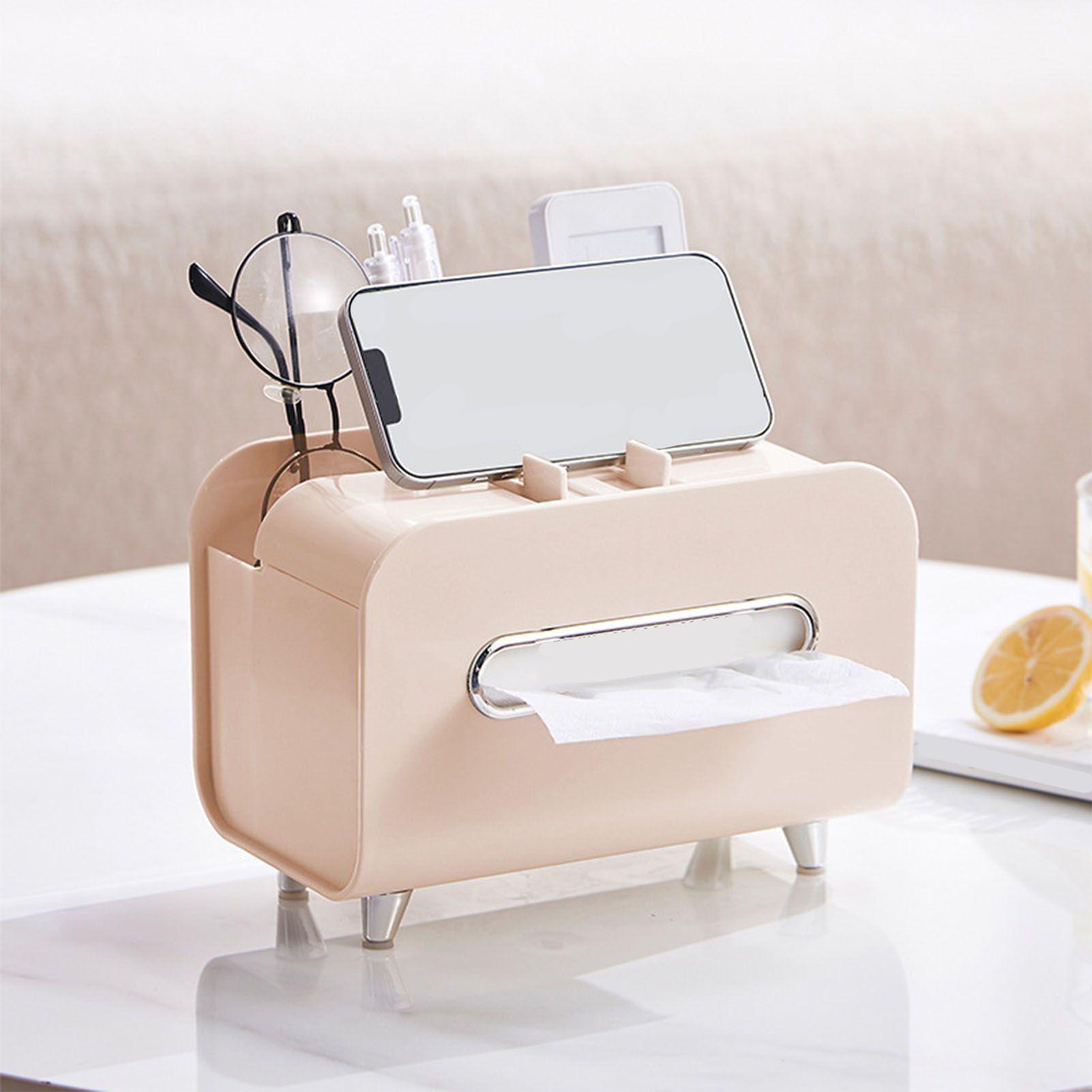 Desktop Tissue Box Multifunction Tissue Storage Dispenser with Phone Holder view 5