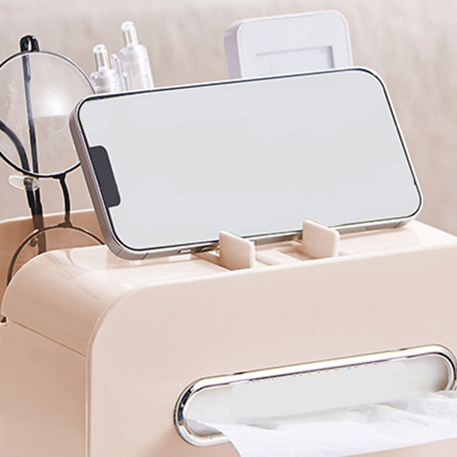 Desktop Tissue Box Multifunction Tissue Storage Dispenser with Phone Holder view 8