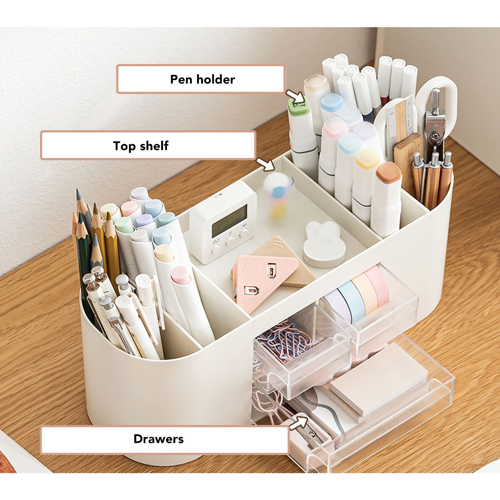 Pen Holder with Transparent Drawers Large Capacity Multiple Compartment view 13