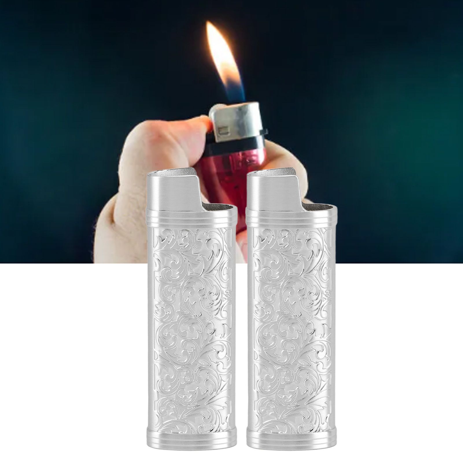 2PCS Lighter Case Cover Vintage Style Floral Stamped Zinc Alloy Shell for view 11