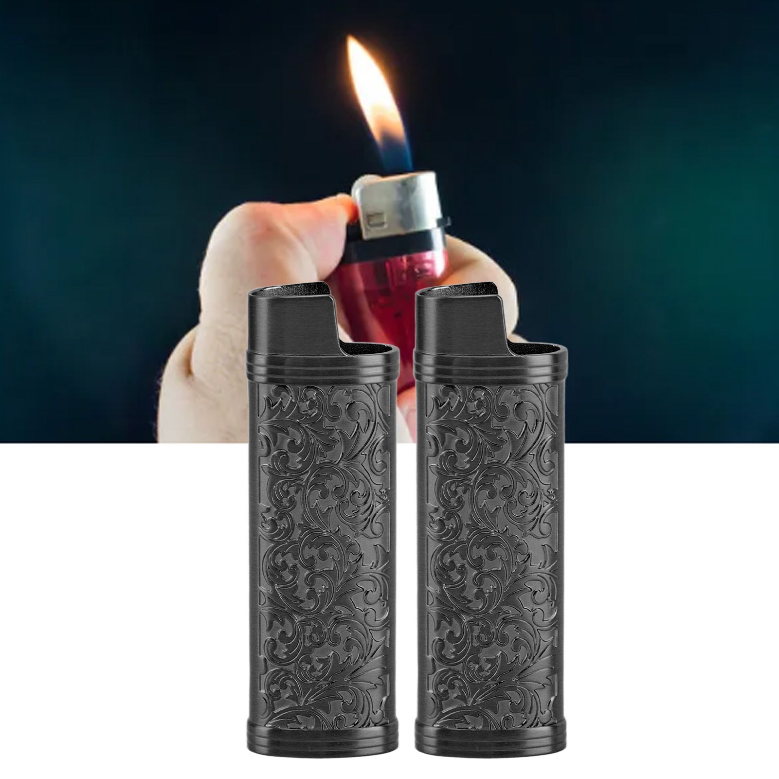 2PCS Lighter Case Cover Vintage Style Floral Stamped Zinc Alloy Shell for view 11