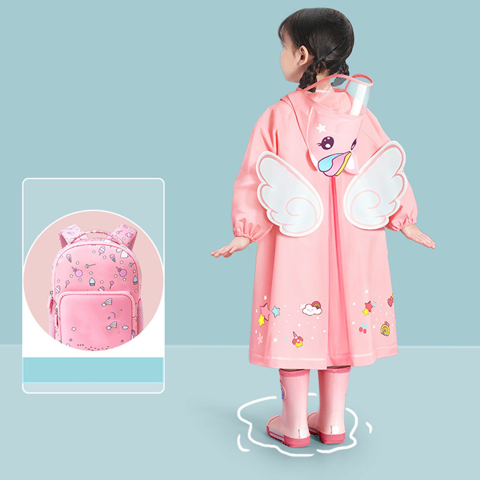 Kids Raincoat Waterproof Cute Pattern Lightweight Portable Children Hooded view 5