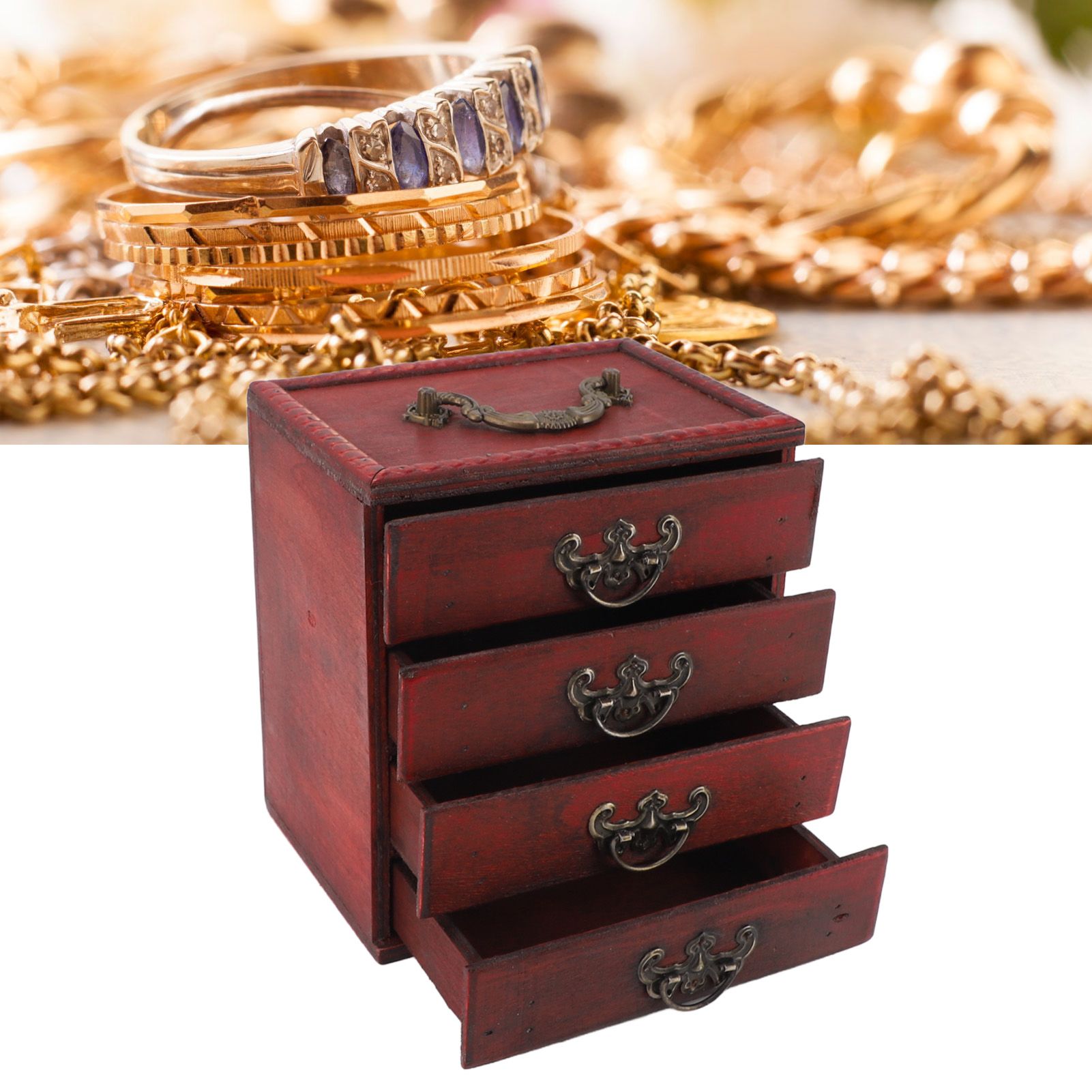 Jewelry Box Chinese Vintage Case 4 Drawer Wood Oriental Compact Ample Capacity view 11