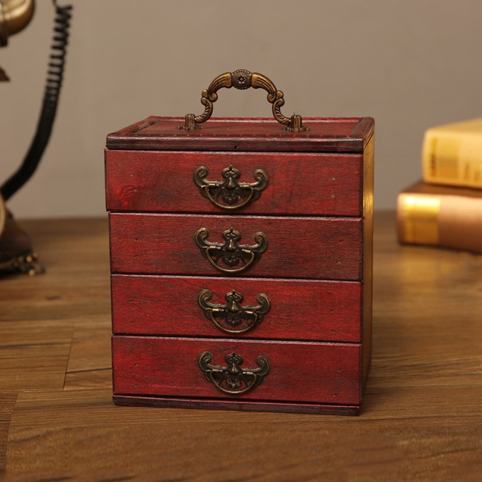 Jewelry Box Chinese Vintage Case 4 Drawer Wood Oriental Compact Ample Capacity view 12