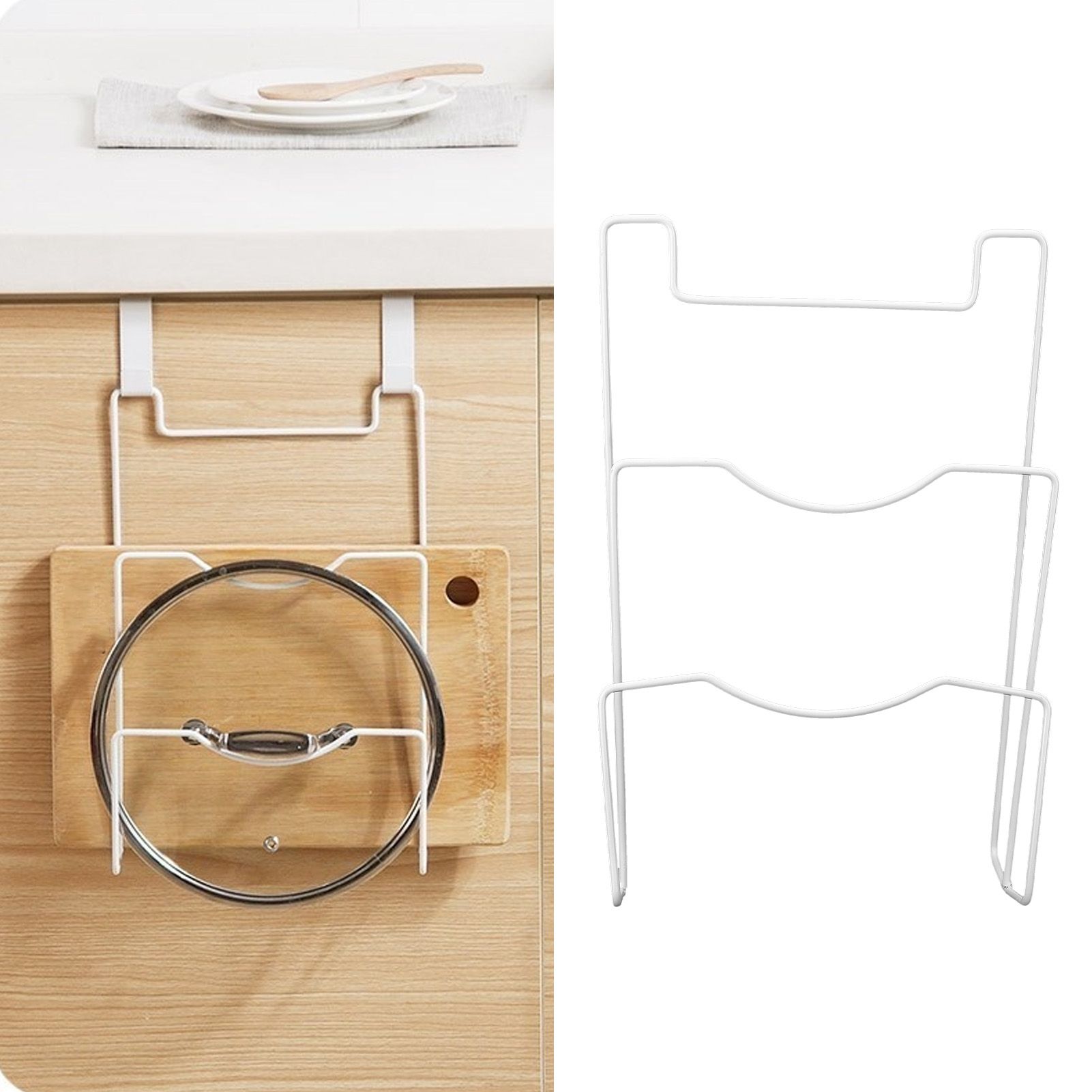 Wrought Iron Cabinet Door Mount Pot Lid Organizer Cutting Board Holder Kitchen view 12