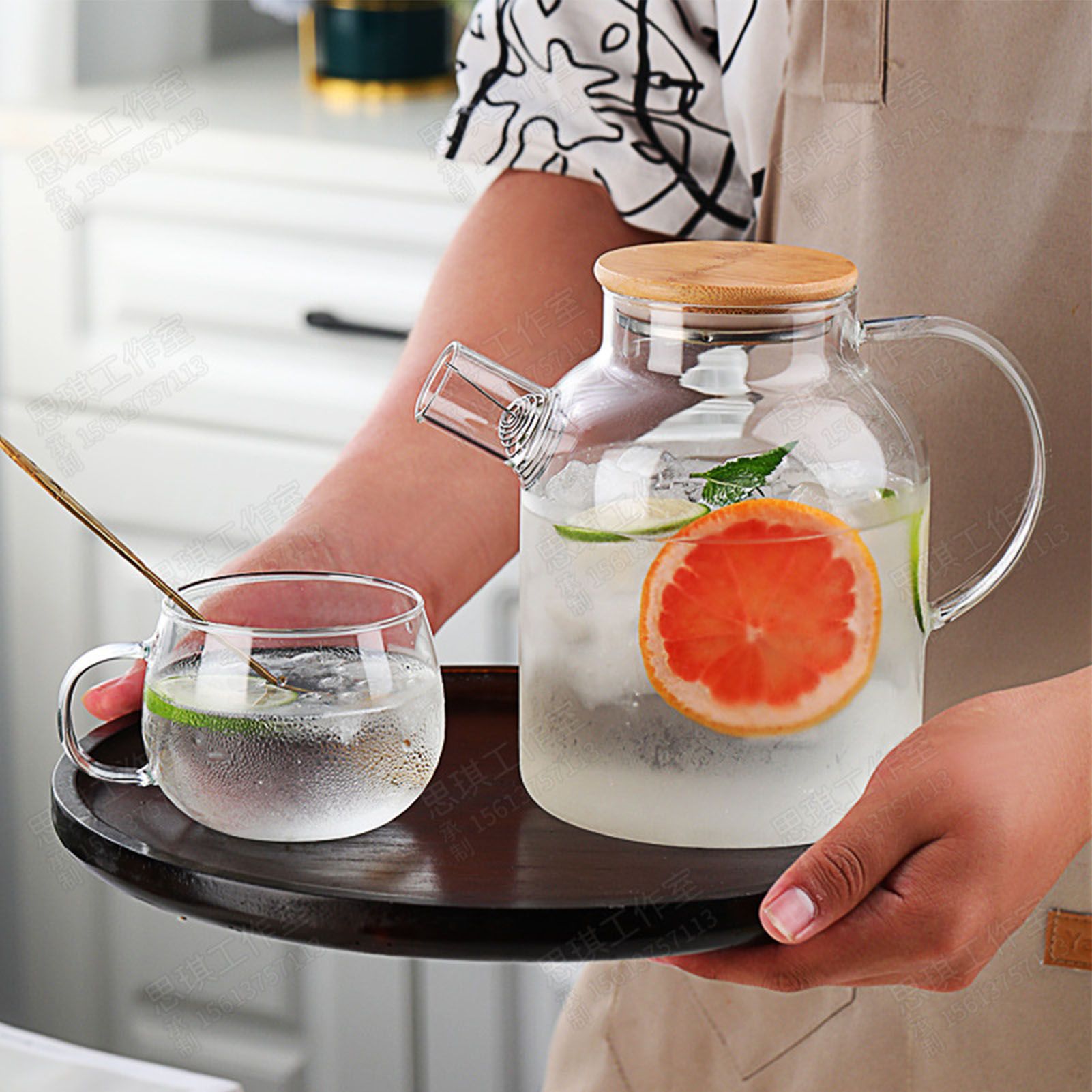 Water Pitcher 1800ml Glass Fridge Jug with Filter Whisk Wood Lid Heat view 6
