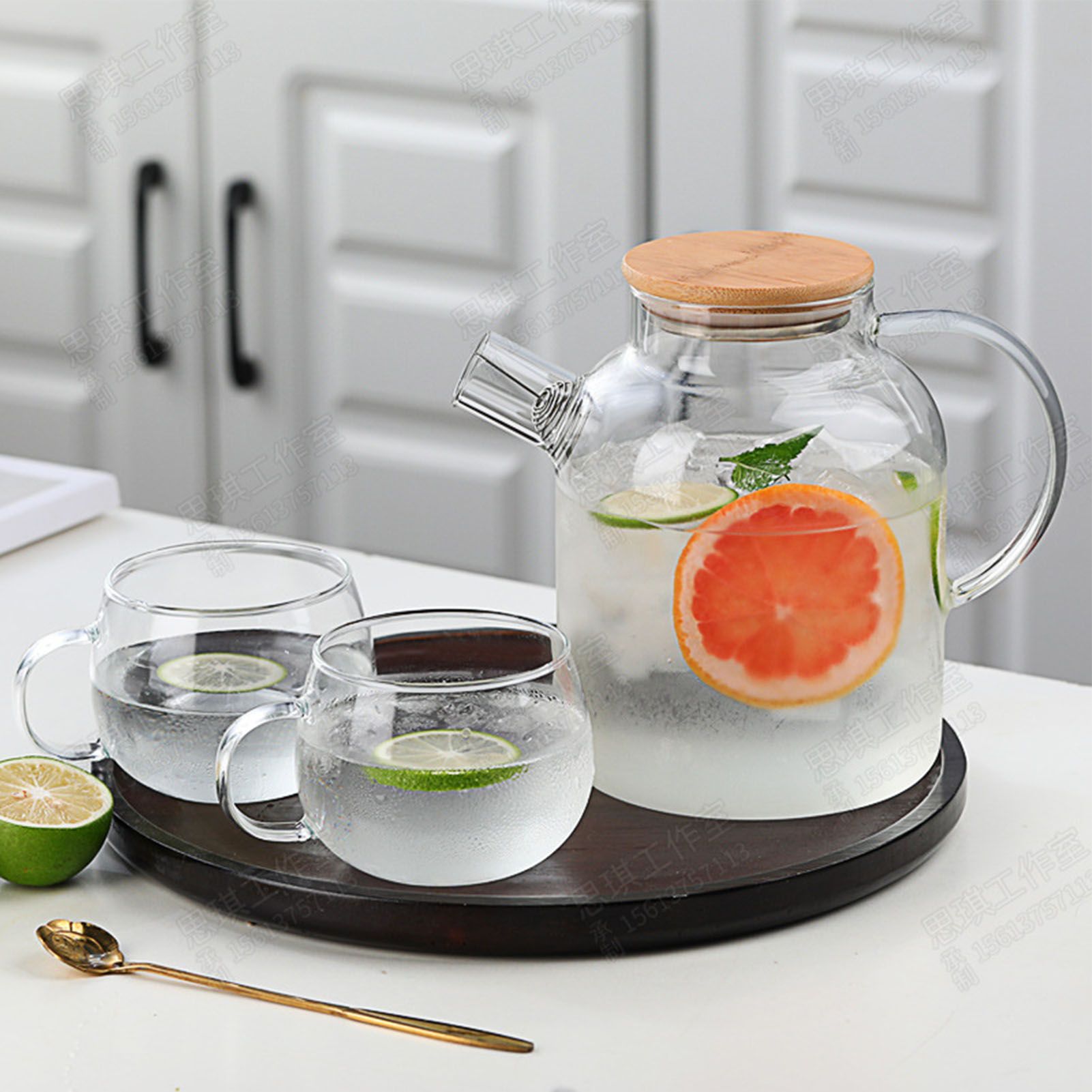 Water Pitcher 1800ml Glass Fridge Jug with Filter Whisk Wood Lid Heat view 7