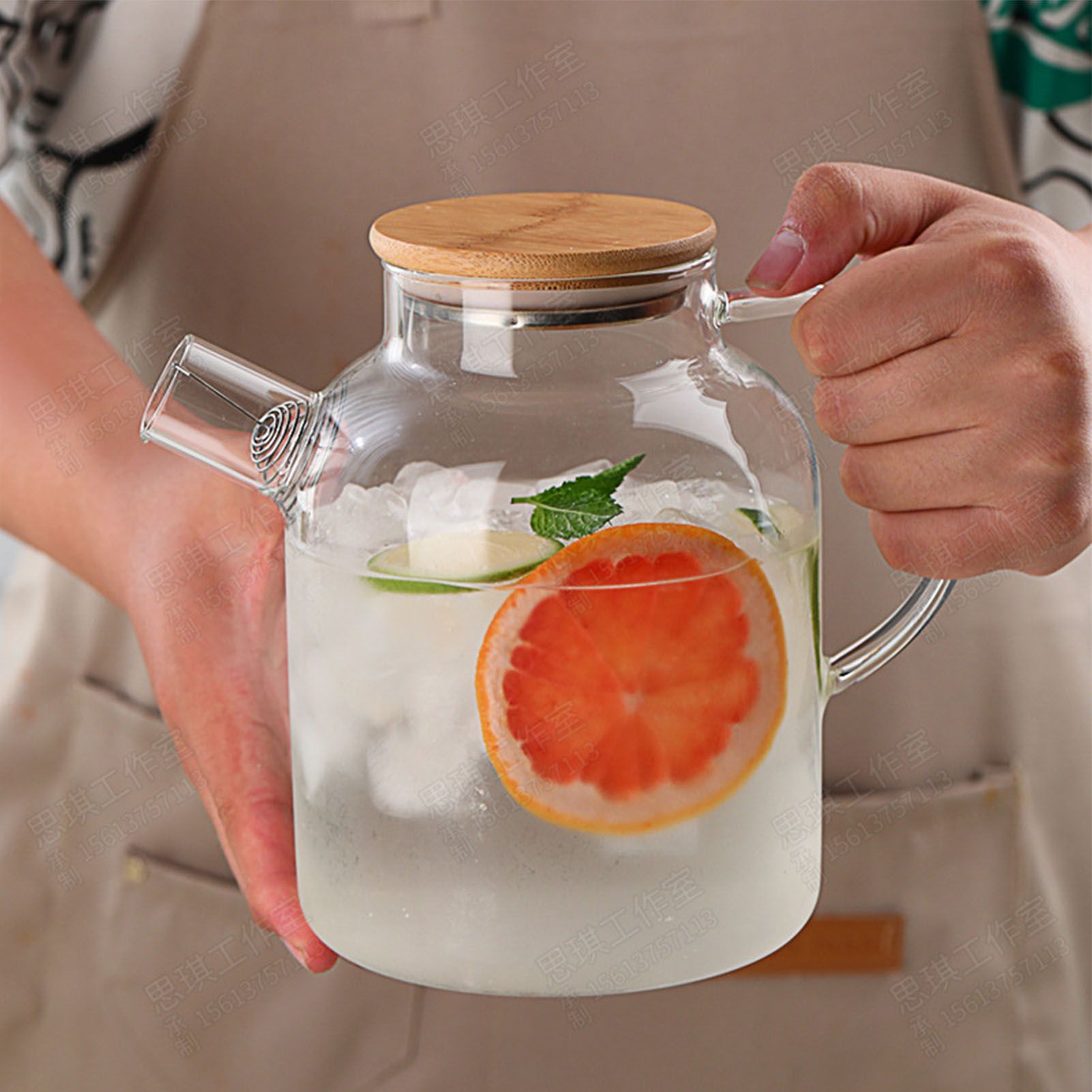 Water Pitcher 1800ml Glass Fridge Jug with Filter Whisk Wood Lid Heat view 9