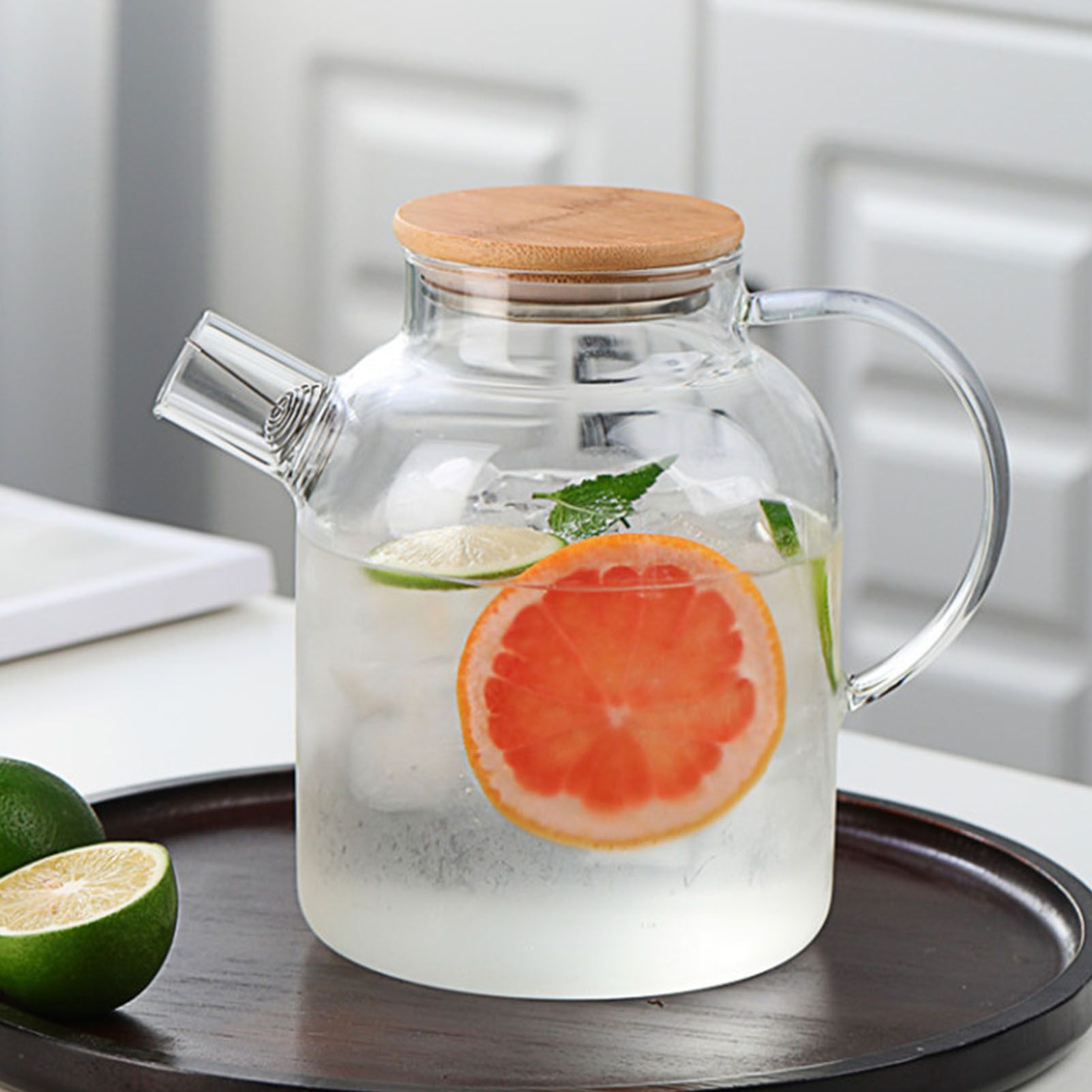 Water Pitcher 1800ml Glass Fridge Jug with Filter Whisk Wood Lid Heat view 10