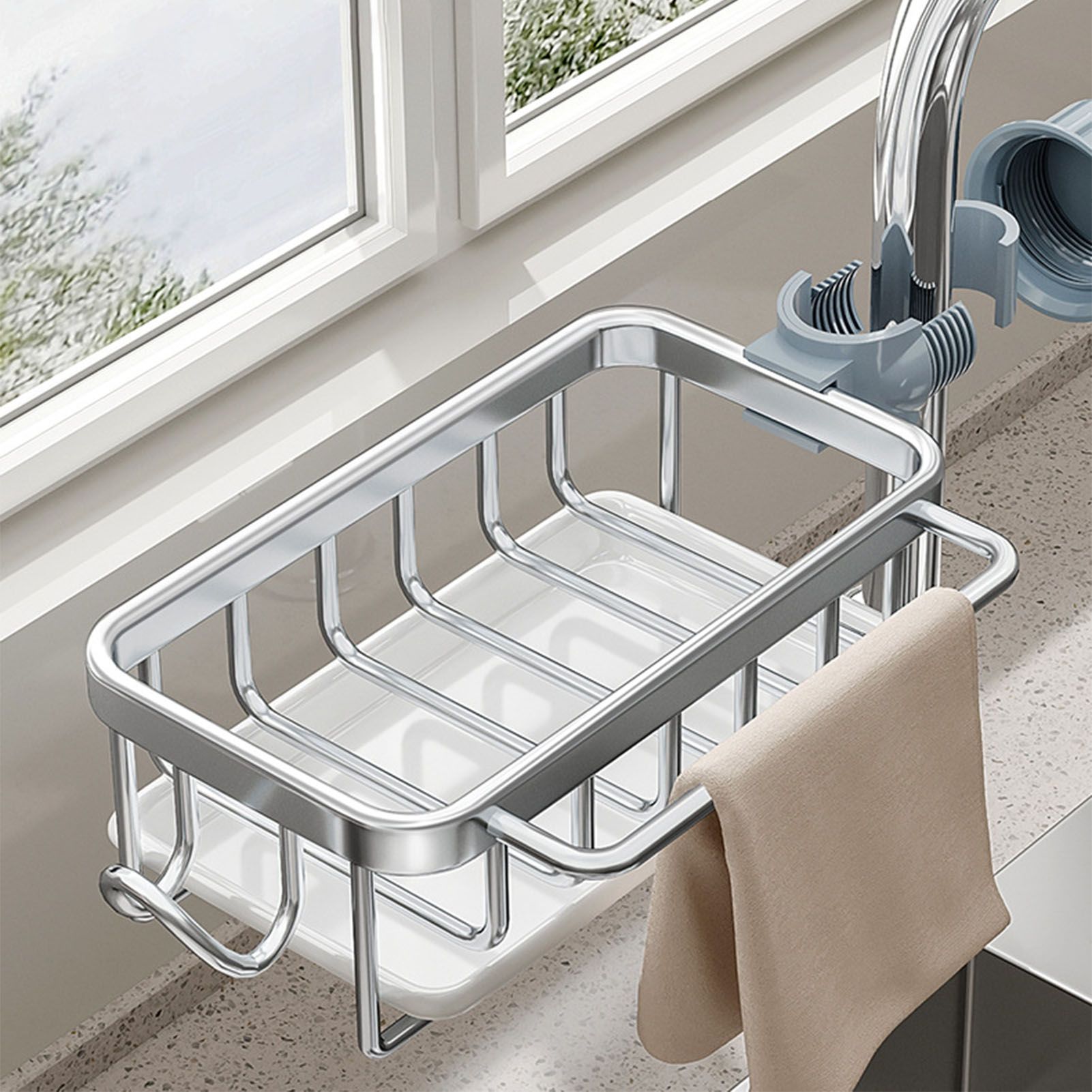 Kitchen Faucet Organizer Multifunctional Rustproof Sponge Dish Soap Brush Sink view 5