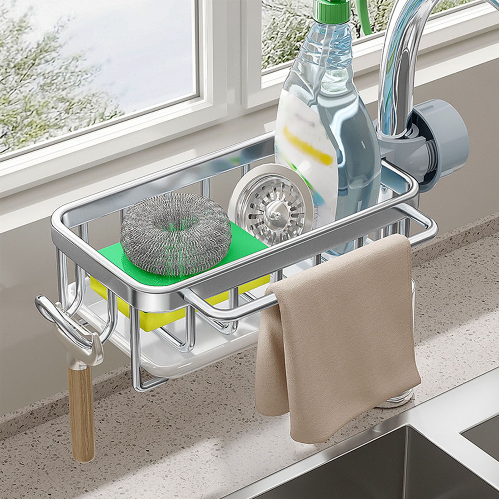Kitchen Faucet Organizer Multifunctional Rustproof Sponge Dish Soap Brush Sink view 6