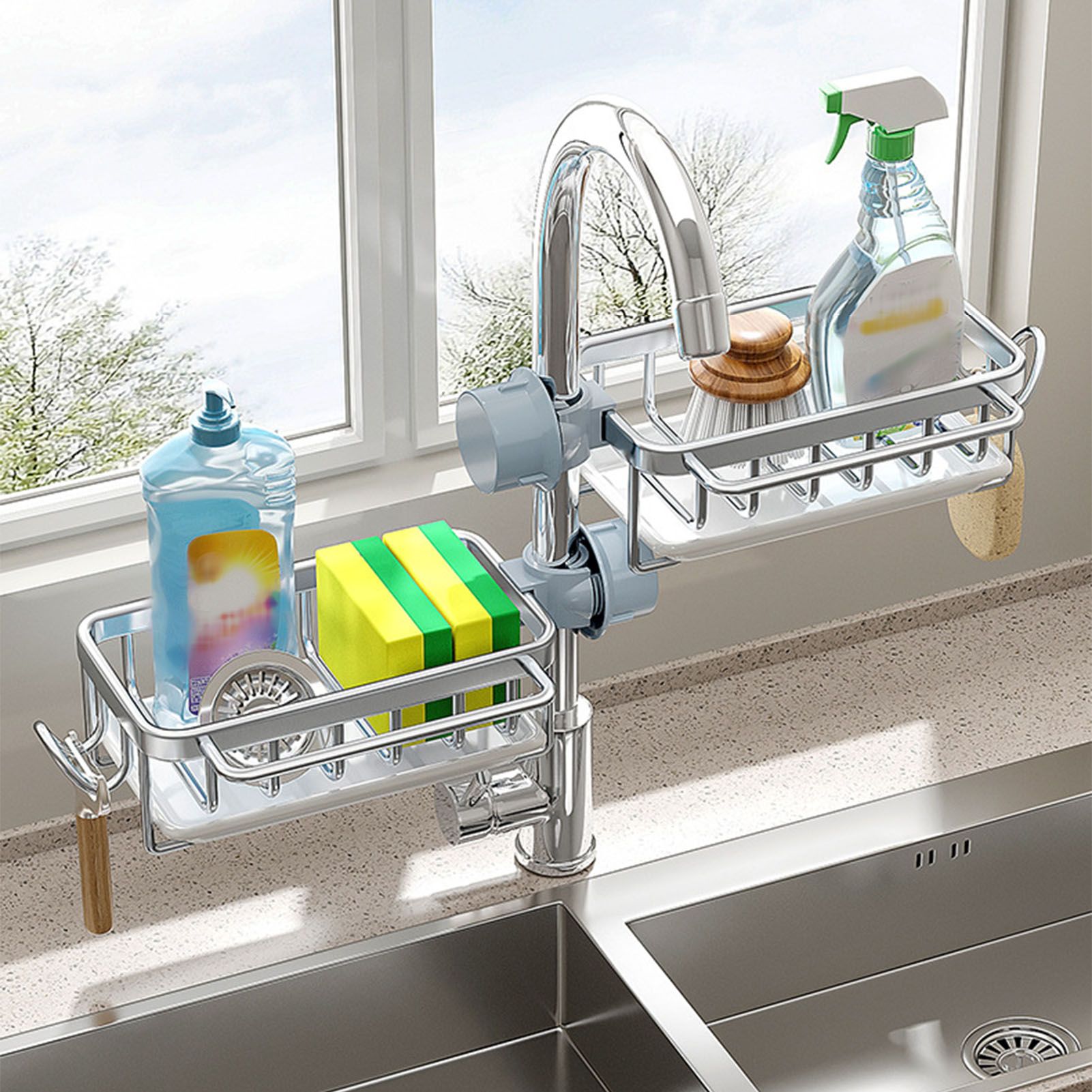 Kitchen Faucet Organizer Multifunctional Rustproof Sponge Dish Soap Brush Sink view 9