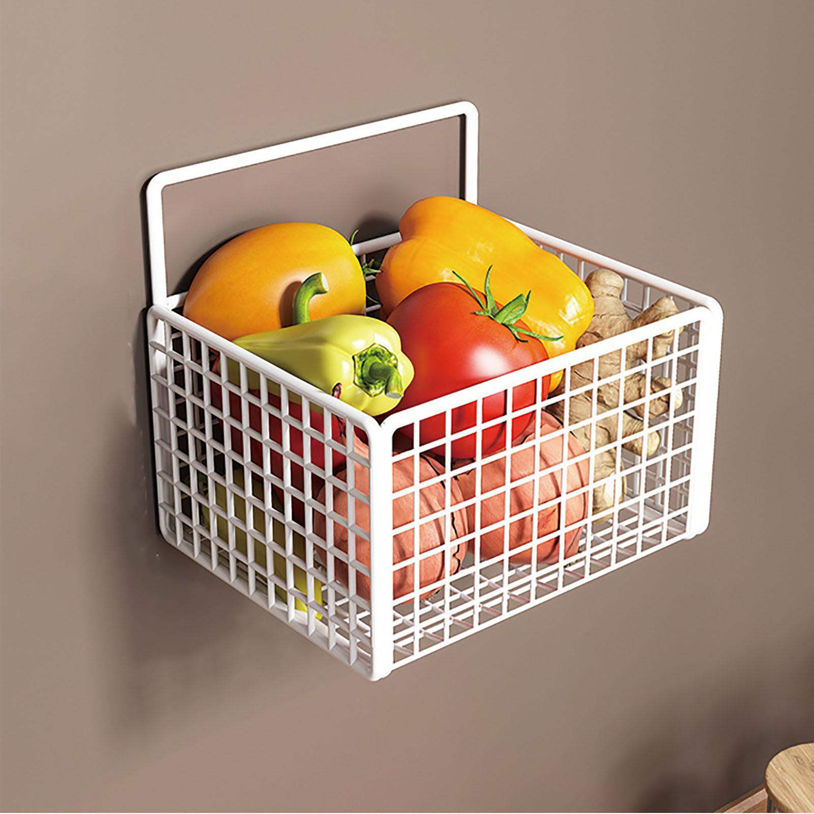 Wall Mounted Storage Basket No Drilling Adhesive Metal Wire Hanging Basket for view 11