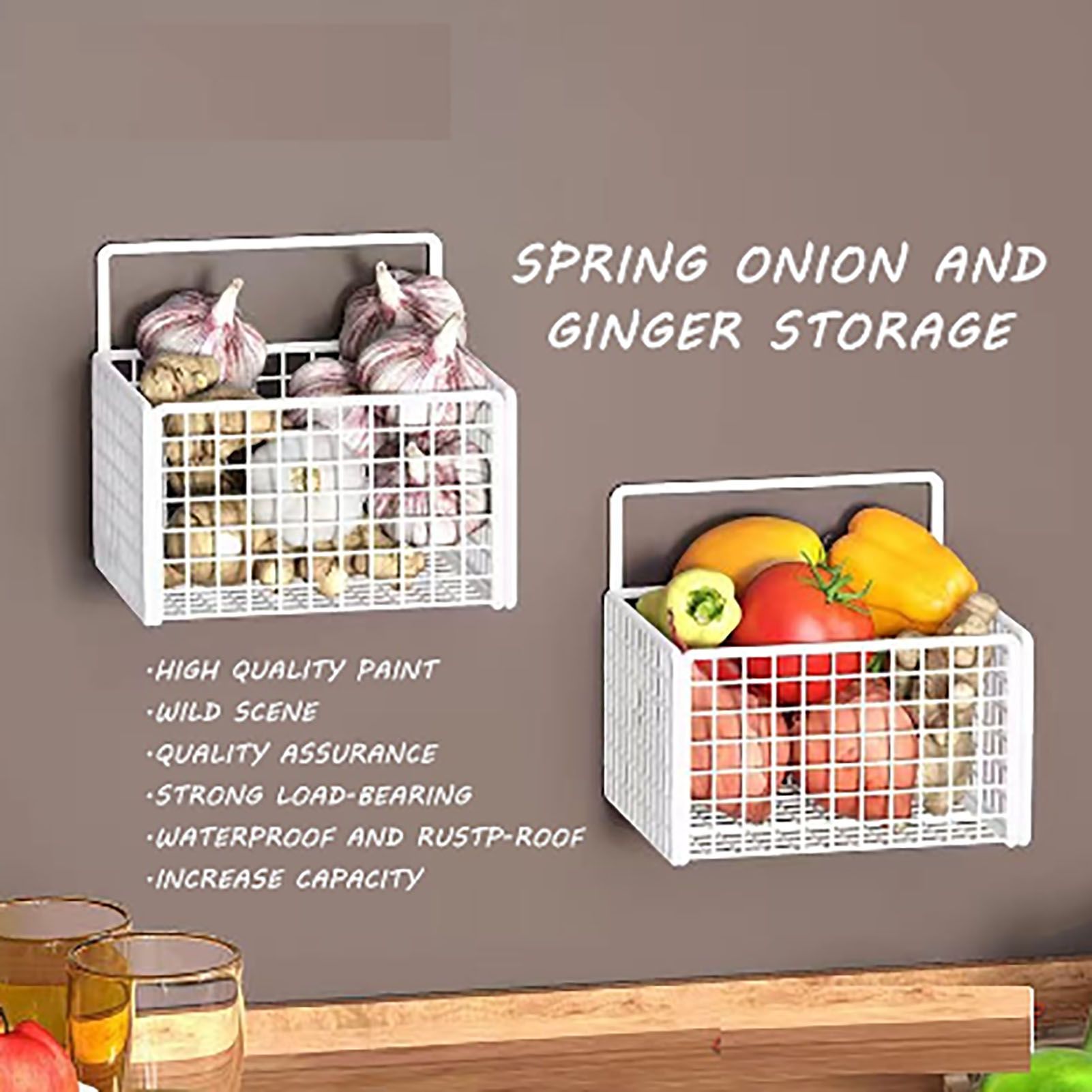 Wall Mounted Storage Basket No Drilling Adhesive Metal Wire Hanging Basket for view 13
