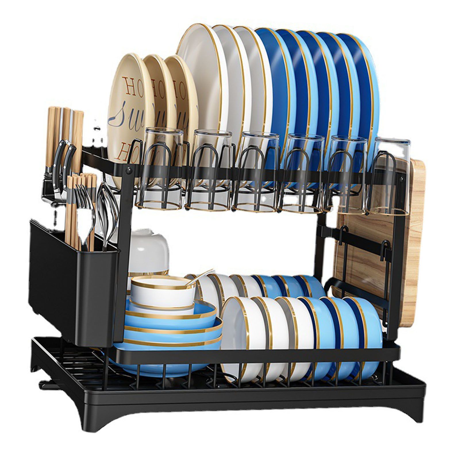 Dish Drying Rack for Countertop Aluminum 2 Tier Dish Rack with Drainboard and view 2