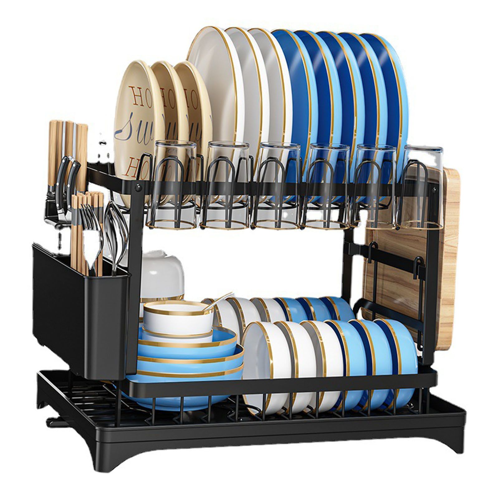Dish Drying Rack for Countertop Aluminum 2 Tier Dish Rack with Drainboard and view 3