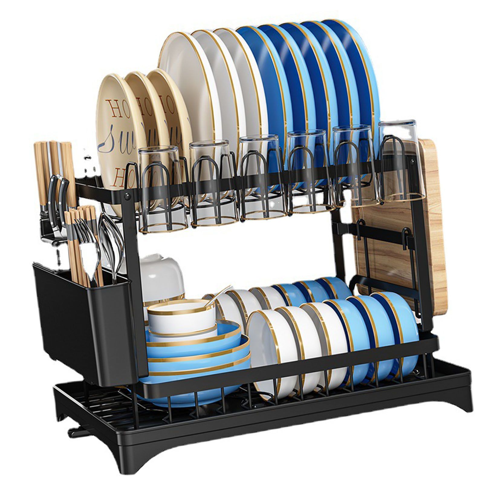 Dish Drying Rack for Countertop Aluminum 2 Tier Dish Rack with Drainboard and view 4