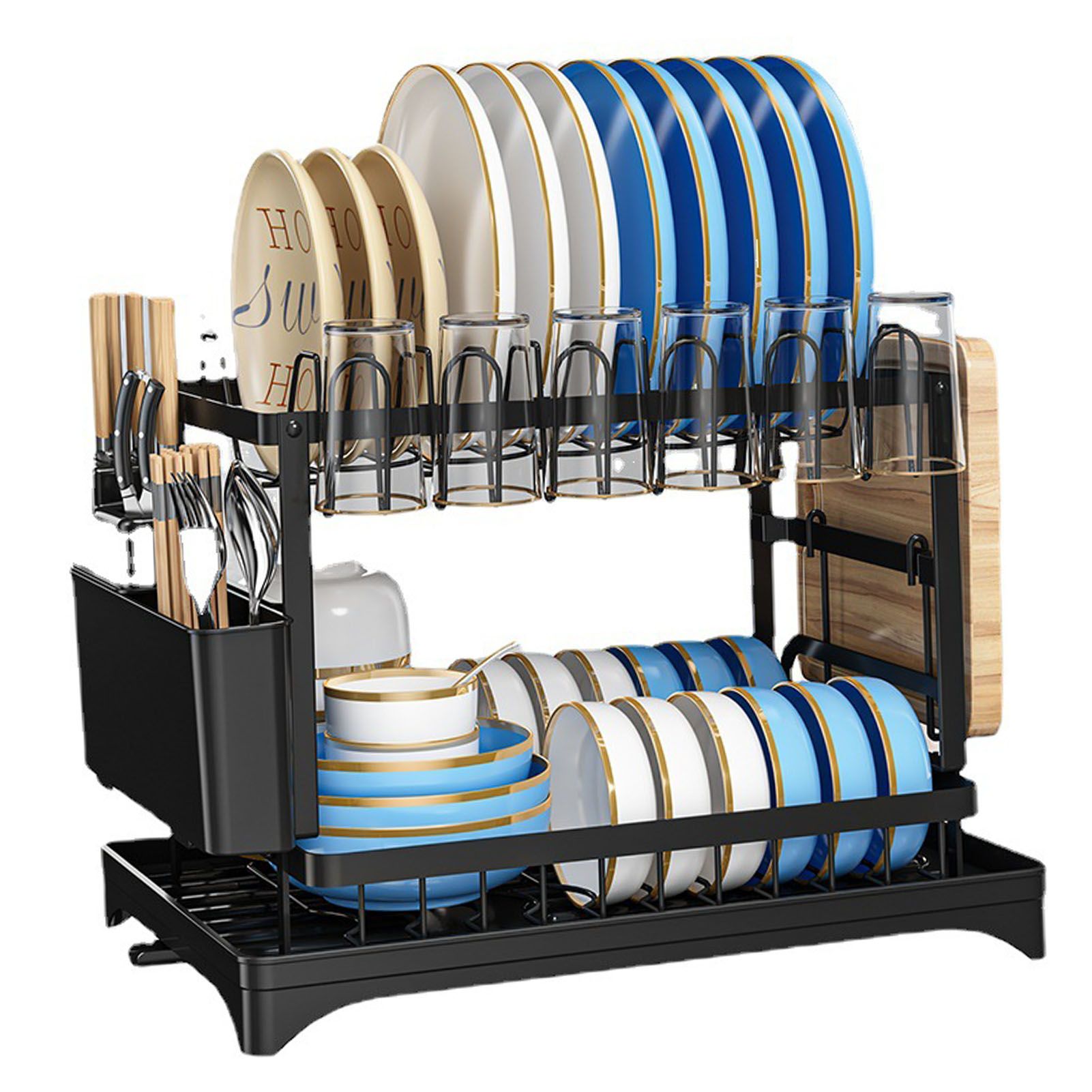 Dish Drying Rack for Countertop Aluminum 2 Tier Dish Rack with Drainboard and view 5