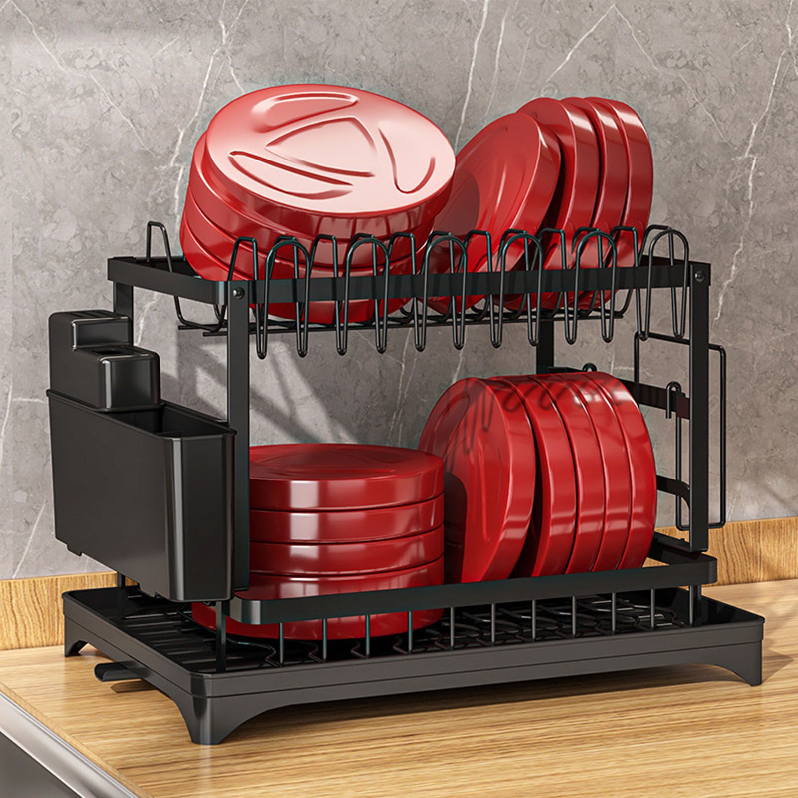 Dish Drying Rack for Countertop Aluminum 2 Tier Dish Rack with Drainboard and view 6