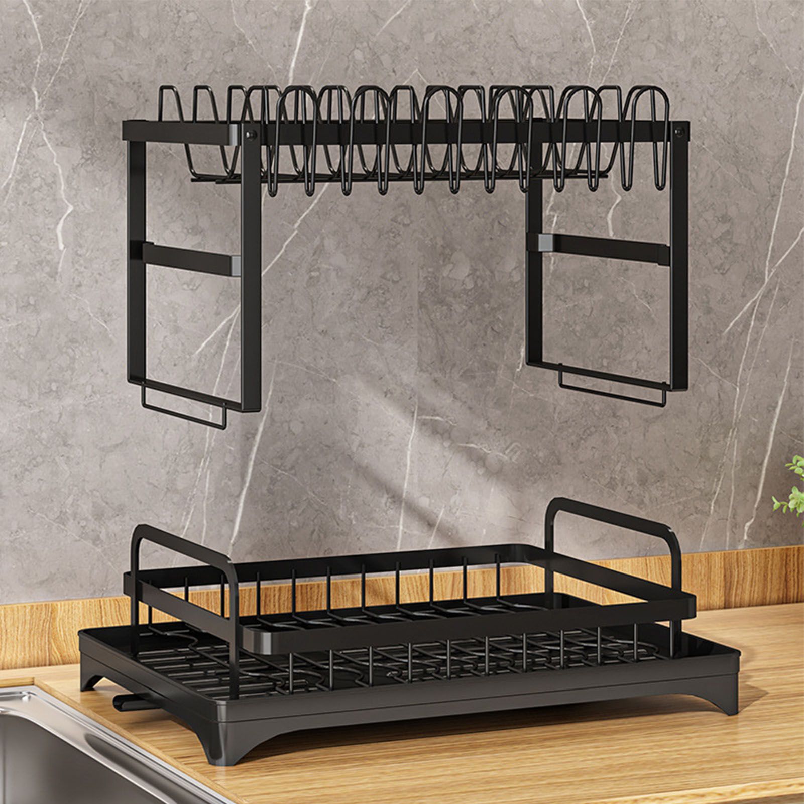 Dish Drying Rack for Countertop Aluminum 2 Tier Dish Rack with Drainboard and view 7