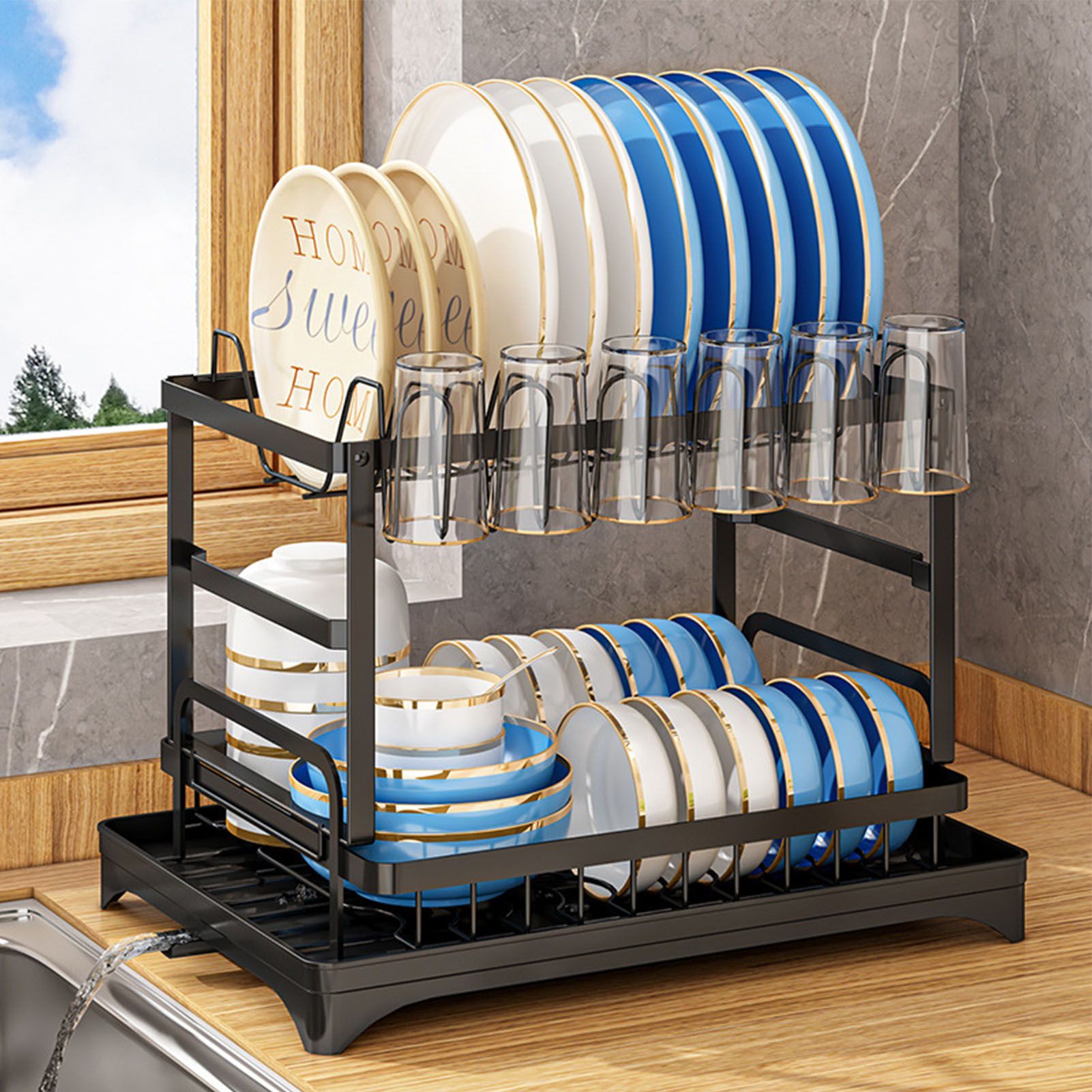 Dish Drying Rack for Countertop Aluminum 2 Tier Dish Rack with Drainboard and view 8