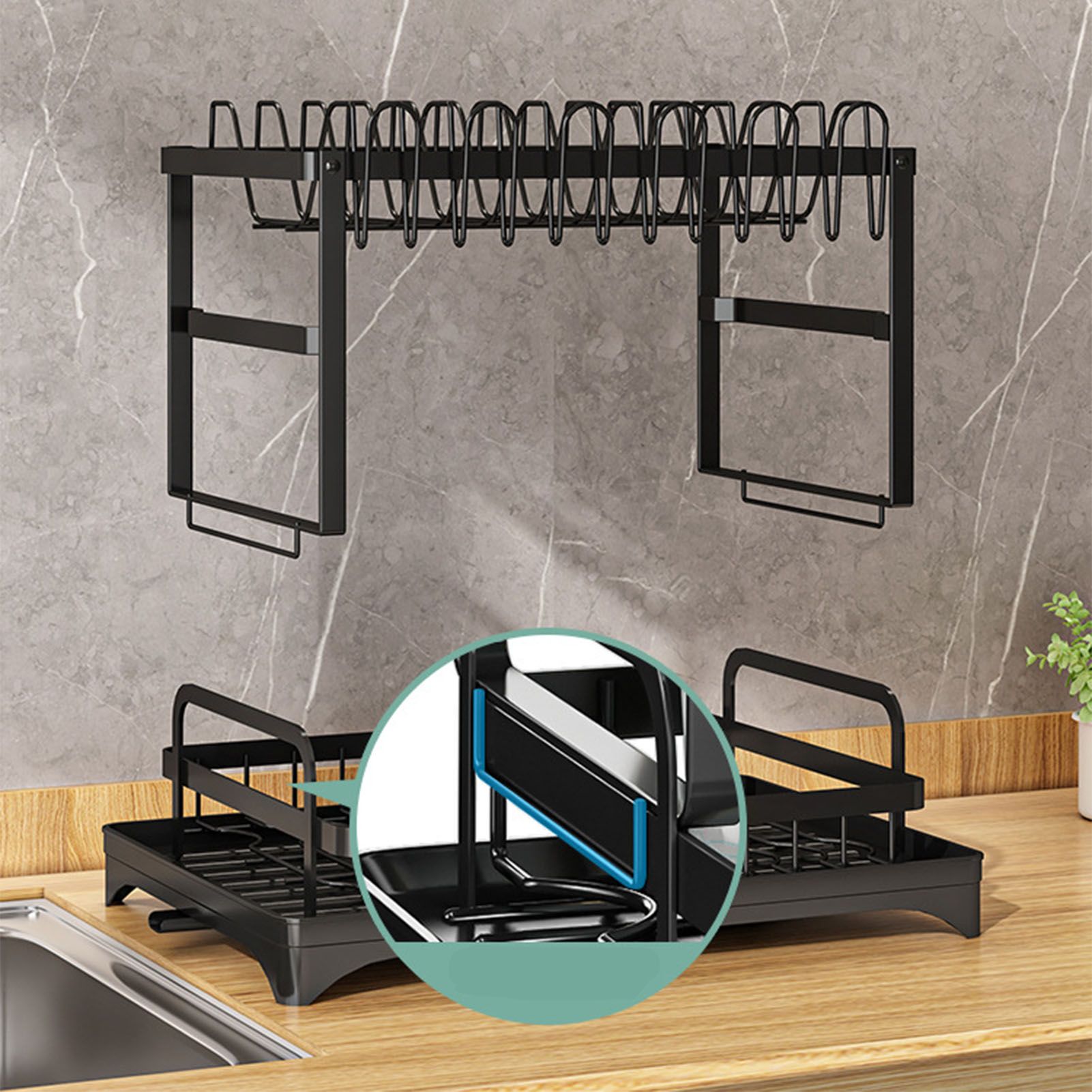 Dish Drying Rack for Countertop Aluminum 2 Tier Dish Rack with Drainboard and view 9
