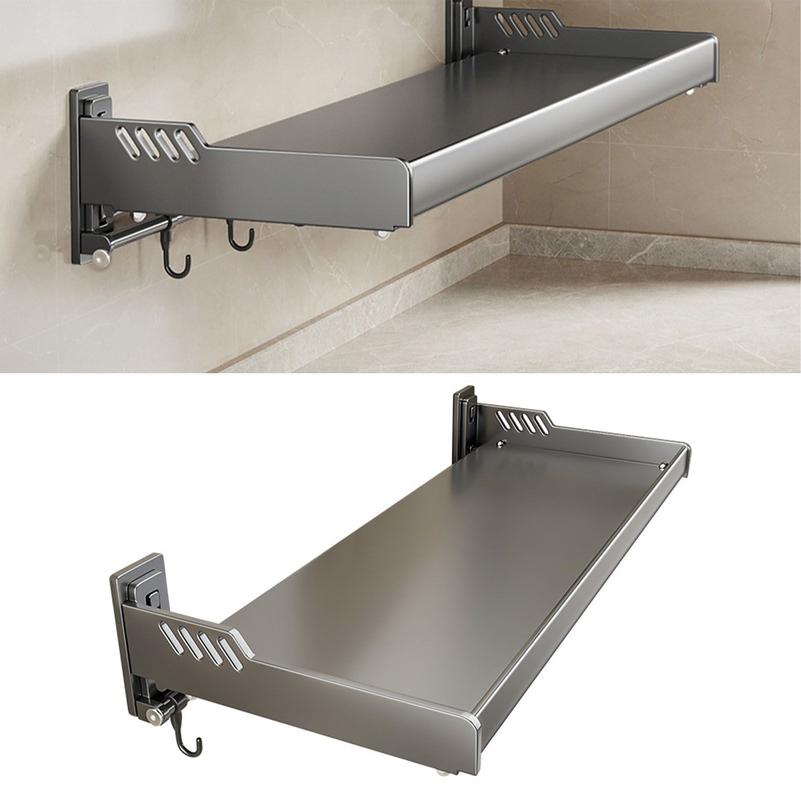 Wall Mount Kitchen Shelf Carbon Steel Punch Free Multifunctional Floating view 5