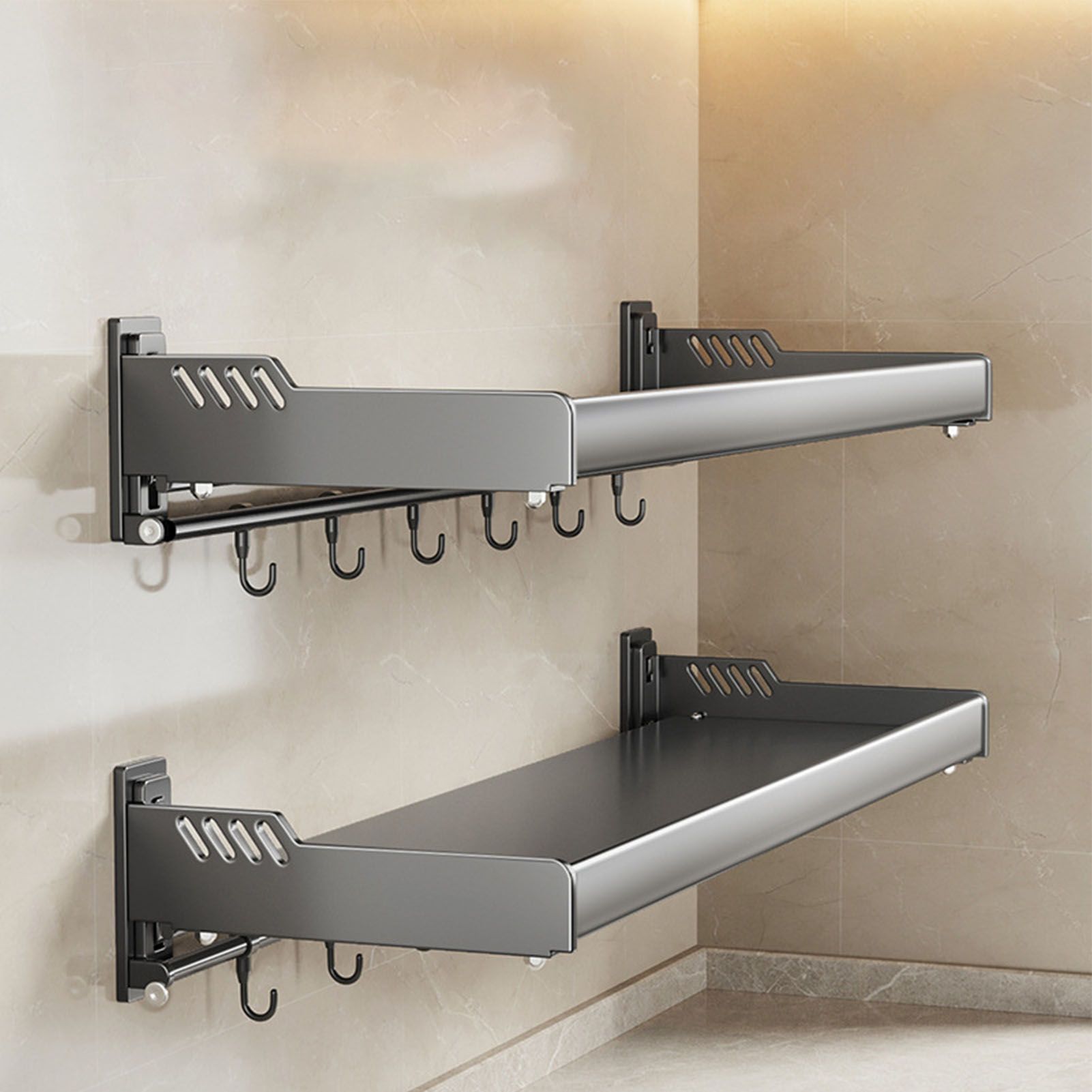 Wall Mount Kitchen Shelf Carbon Steel Punch Free Multifunctional Floating view 11